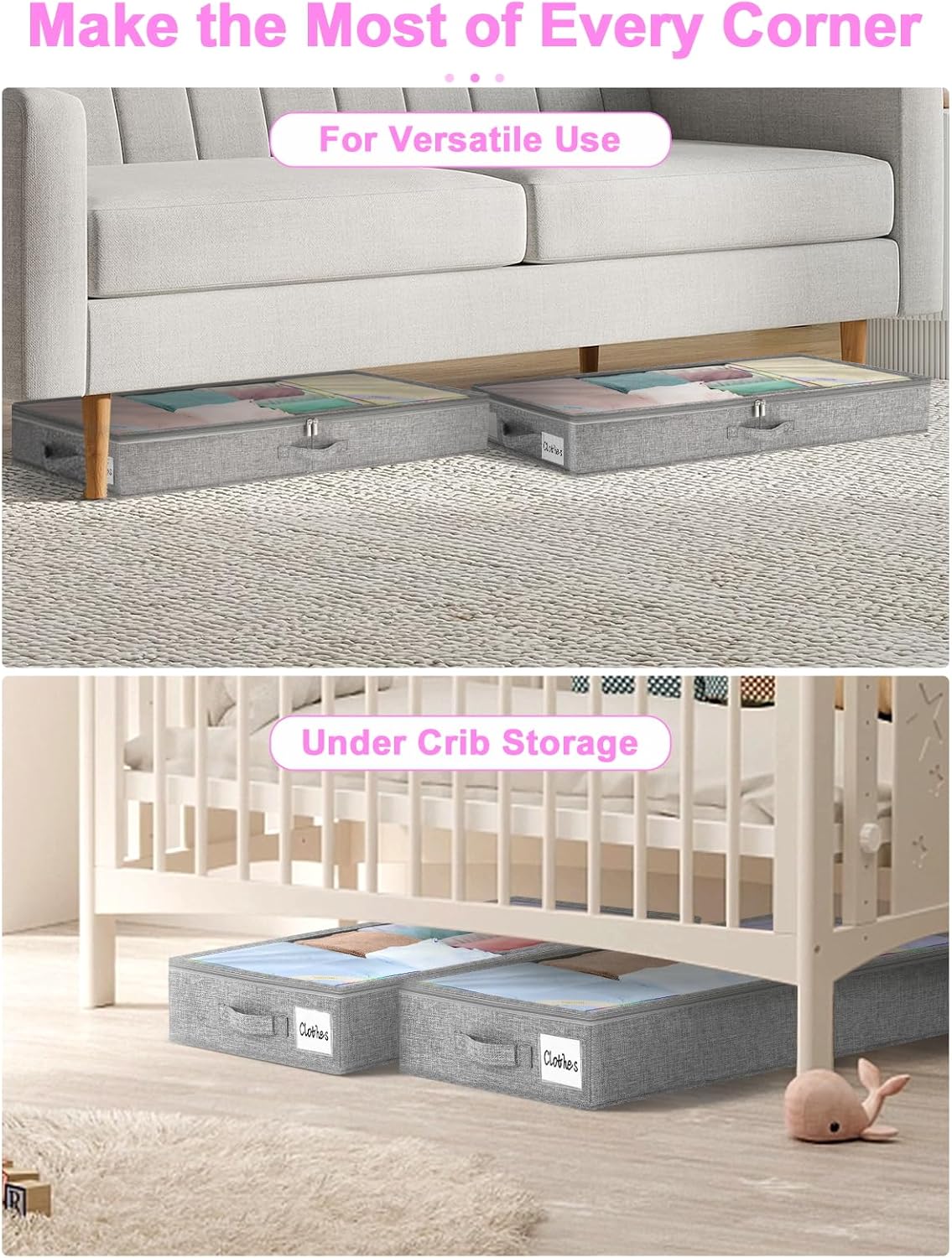 punemi 4pcs Under Bed Storage Containers, Below 4 Inches Tall Low Profile Underbed Storage, NO STRUCTURE, Soft Foldable Underbed Cloth Storage Bags, Zipper Blanket Storage Container, 20x40x3.7in