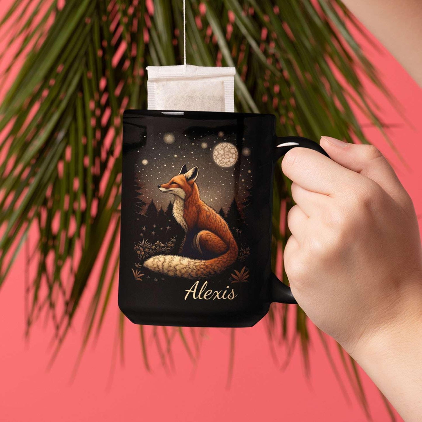 Animal Lover Mug with Custom Name, Nature Inspired Coffee Mug 11oz or 15oz, Personalized Cute Fox Ceramic Cup, Unique Animal Art Black Coffee Cup, Gifts for Friends, Family