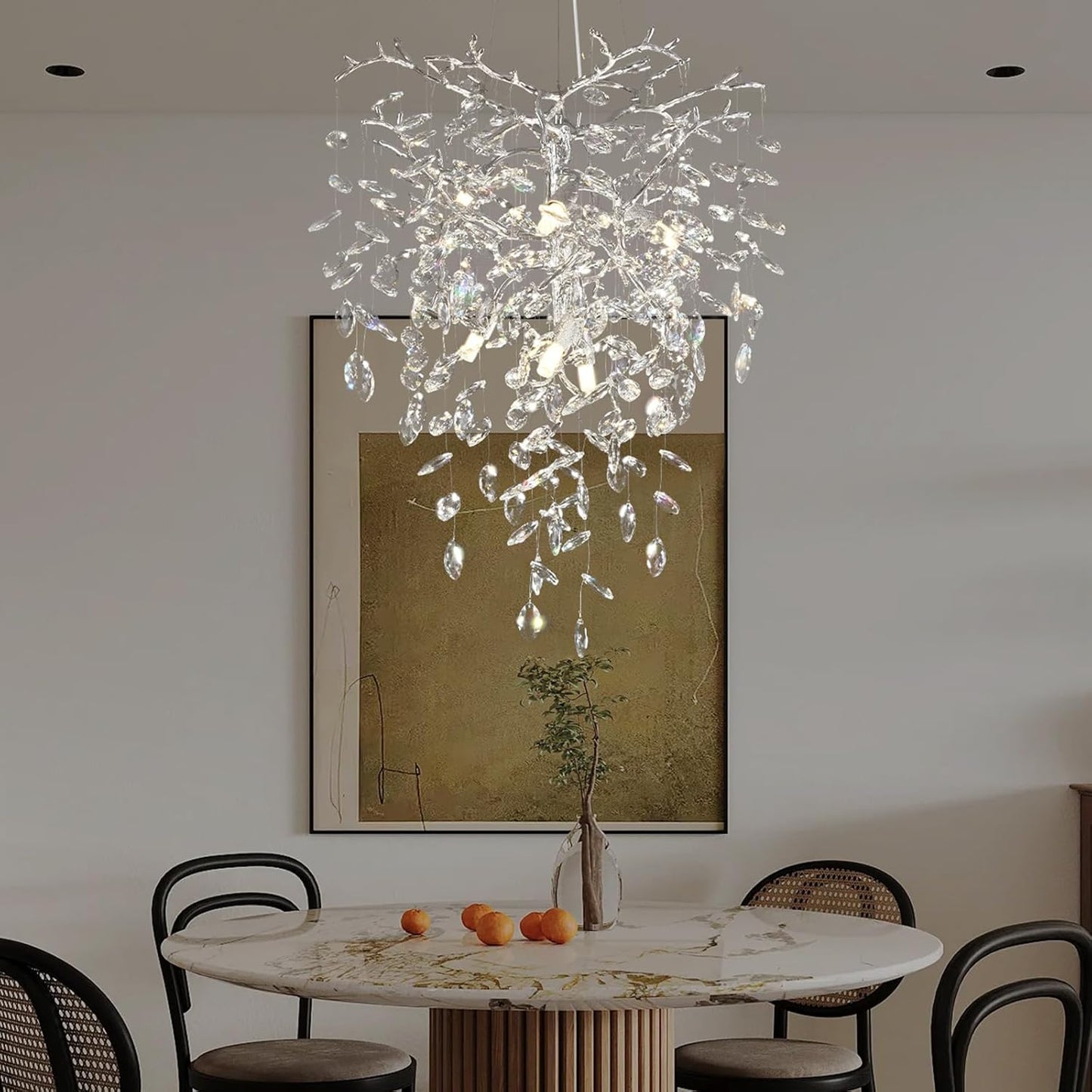 Silver Crystal Tree Branches Chandelier,21 Inchs 6 Lights Modern Round K9 Crystal Chandeliers for Dining Room, Bedroom, Living Room, Foyer,Kitchen Island,Bathroom