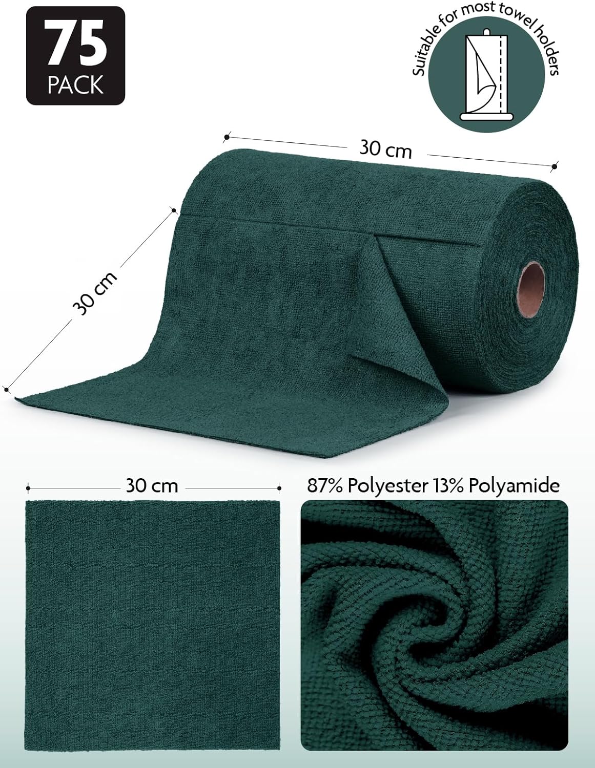 Fantasticlean Microfiber Cleaning Cloth Roll -75 Pack, Tear Away Microfiber Towels, 12" x 12", Reusable, Washable, Scratch Free, Ultra Absorbent Dish Rags for Car, Home, Garage or Shop (Forest Green)