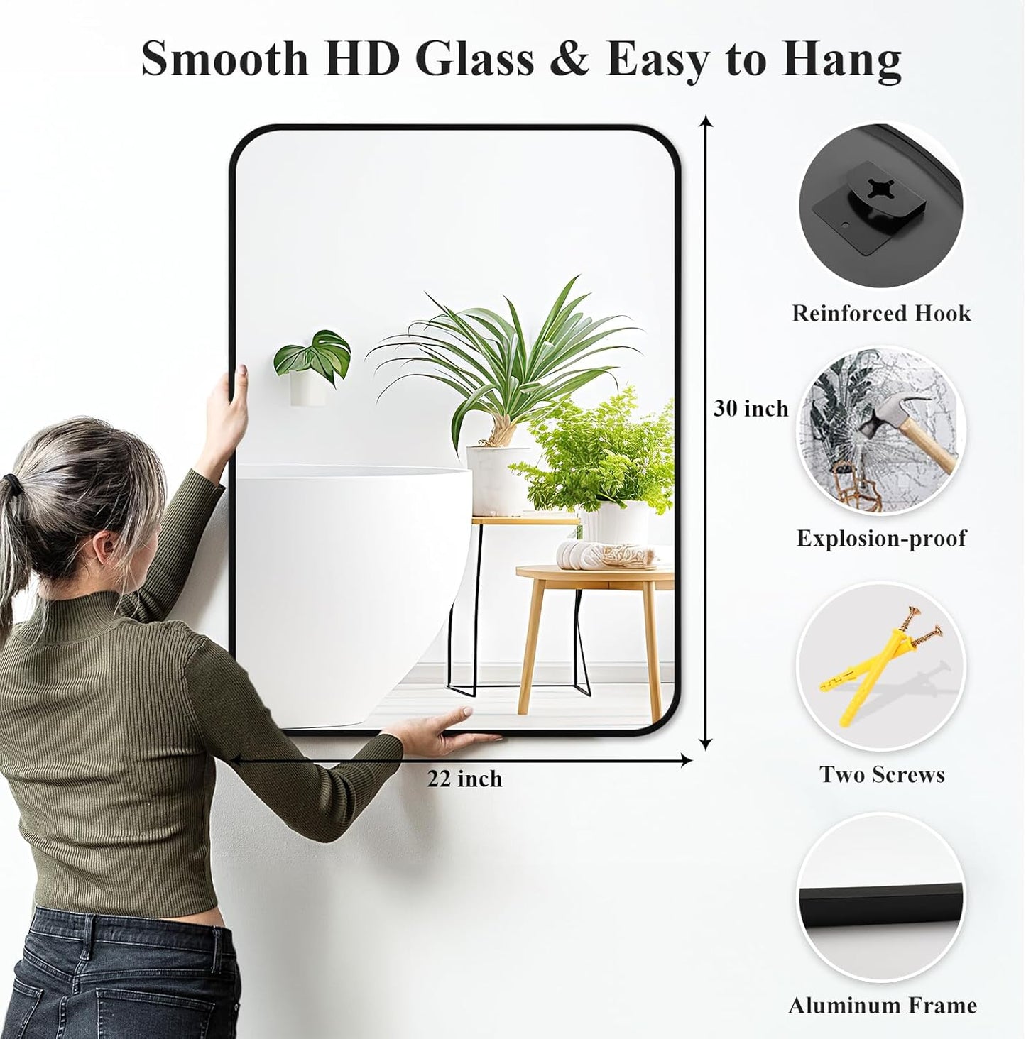 Fabuday Black Wall Mirror for Bathroom Over Sink - 22x30 Matte Metal Framed Rectangle Mirror, Rounded Rectangular Vanity Mirrors for Living Room, Bedroom, Entryway, Hallway, Horizontally/Vertically