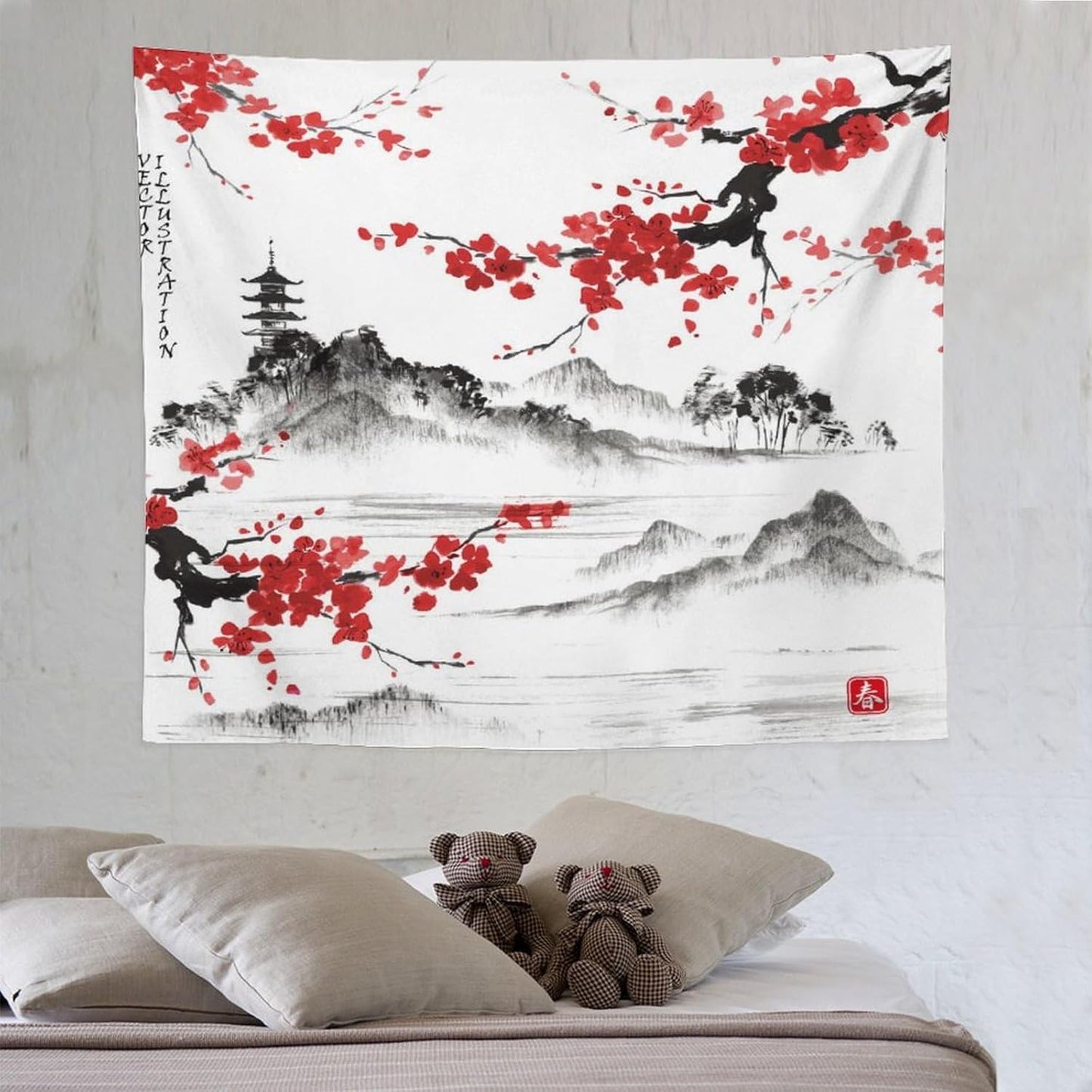 Cherry Blossoms Tapestry, Japanese Fuji Mountain Tapestry, Asian Japanese Wall Tapestry, Nature Landscape Tapestries for Bedroom Living Room Decor 60"x50"