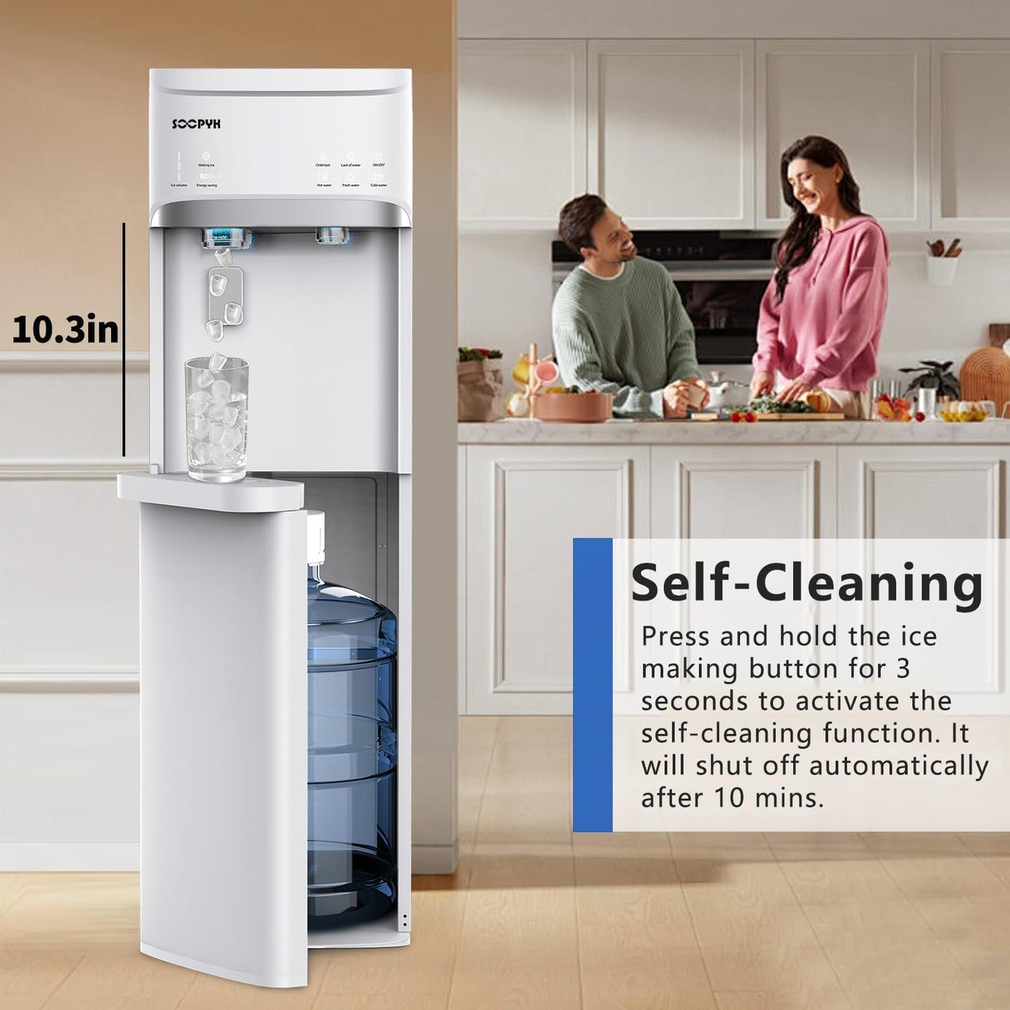 Self-Cleaning Bottom Load Water Cooler Dispenser with Ice Maker for 5 Gallon 3 Temperature Settings 22lbs Daily Capacity White