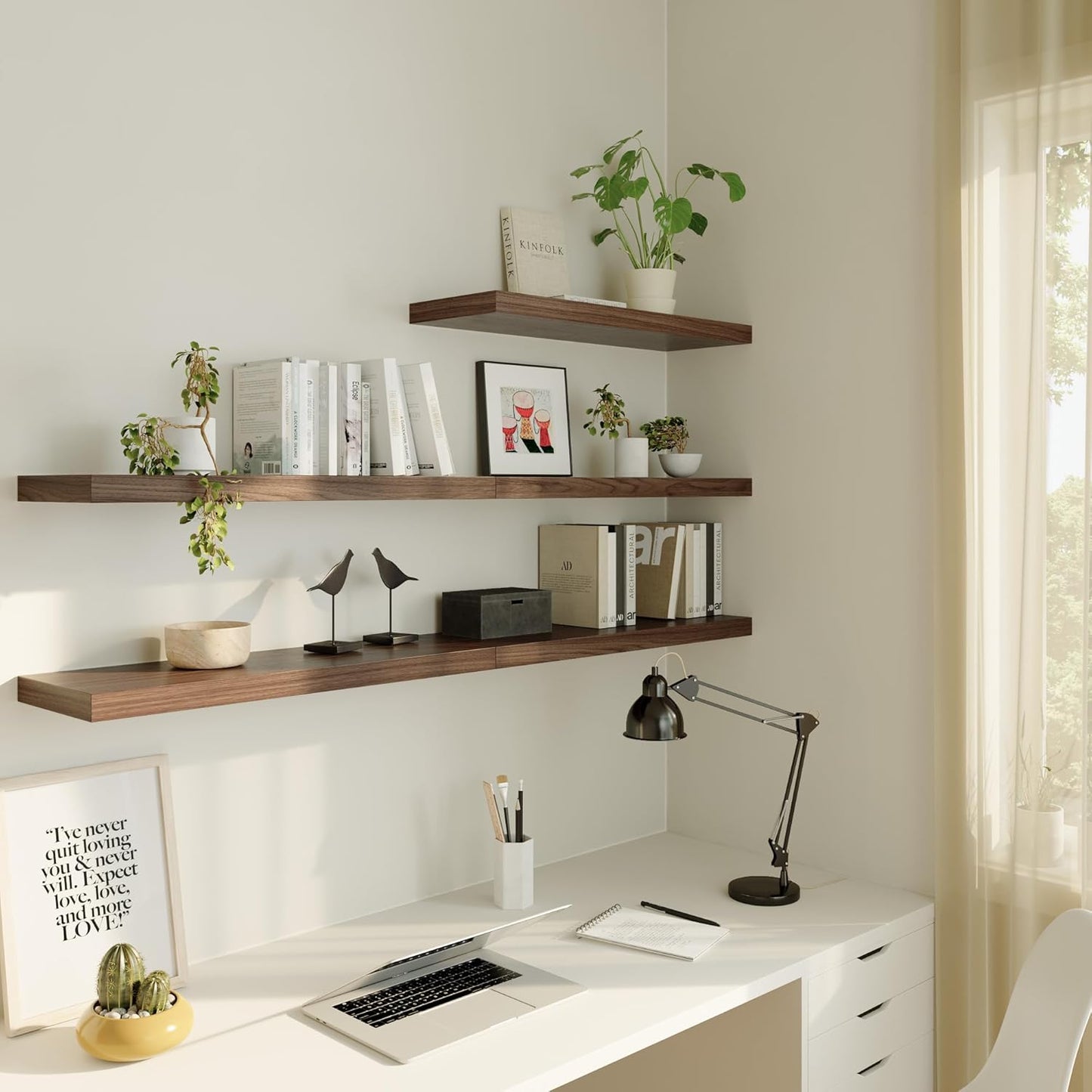 Large Floating Shelves for Wall Set of 1 Wooden Wall Shelves 24 in x 12.75 in x 2 in Room Decor Long Shelf with Invisible Wall Mount Bracket for Bedroom Kitchen Living Room Walnut