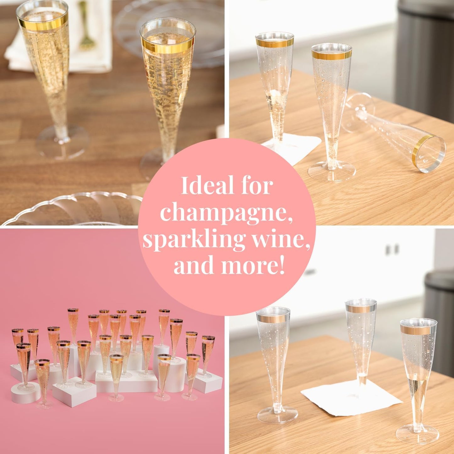 Prestee Set of 24 Plastic Champagne Flutes with Gold Rim - 4.5 oz - Shatterproof Disposable Glasses for Weddings, Cocktail Parties, and Outdoor Celebrations