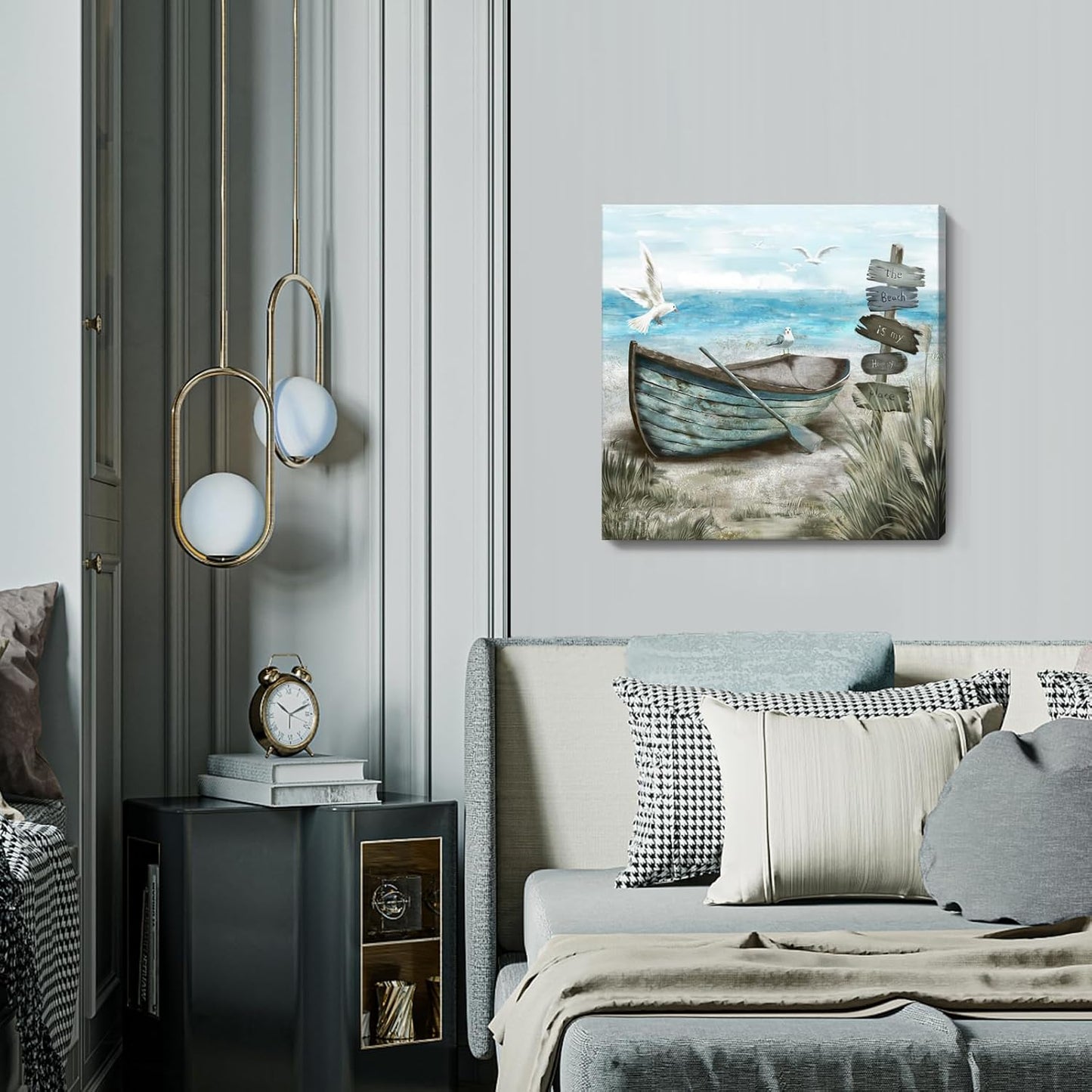 Canvas Wall Art Beach Décor Wall Picture Rustic Coastal Sand Canvas Print Ocean Nautical Painting Seascape Sea Bird Vintage Ship Boat Artwork for Seaside Living Room Bedroom Bathroom Decor Blue Large
