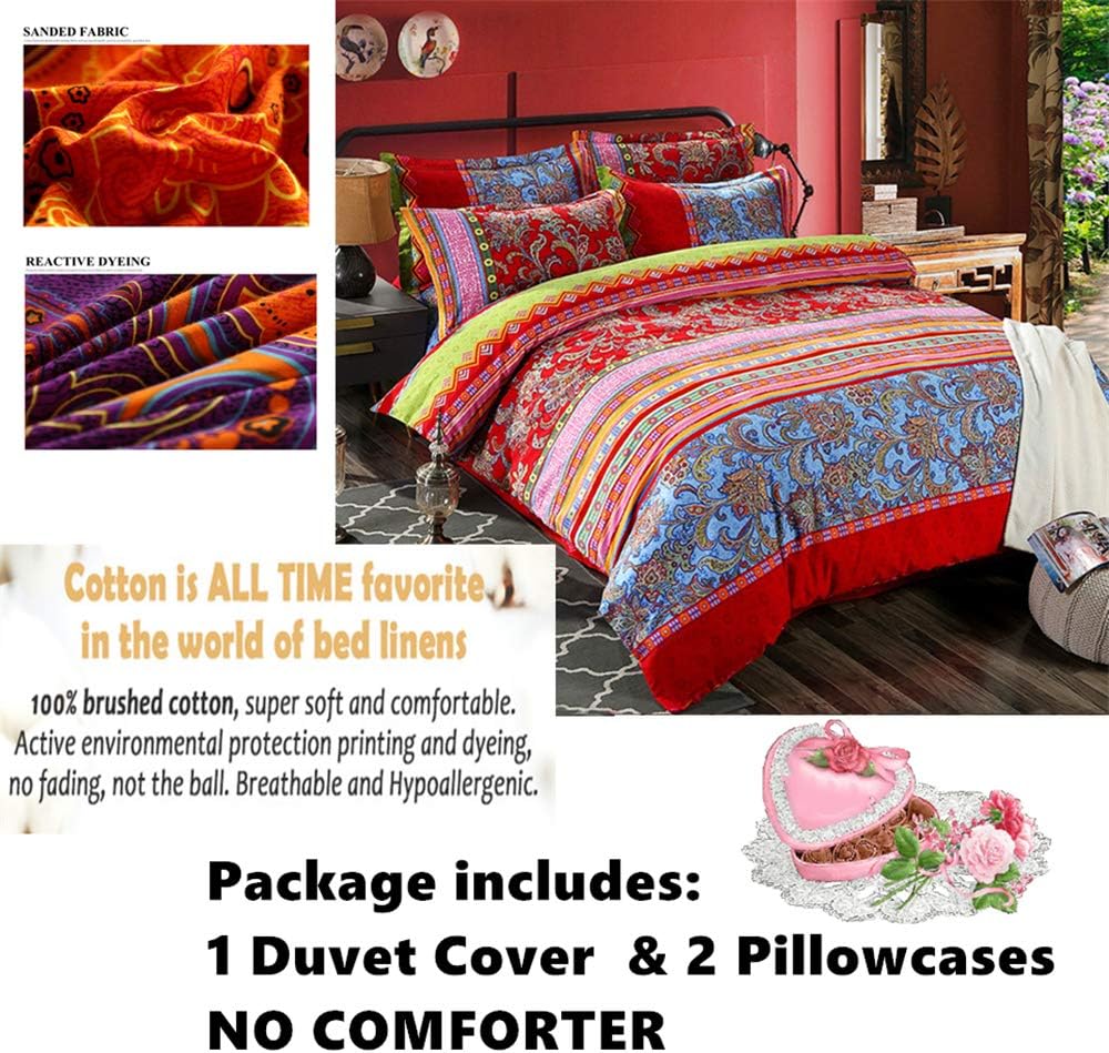 ABREEZE Queen Duvet Covers, Bohemian Retro Bedding Set, Coloful Mandala Down Comforter Cover, Boho Floral Style Quilt Cover, 100% Brushed Cotton, 1 Duvet Cover and 2 Pillow Shams,Red