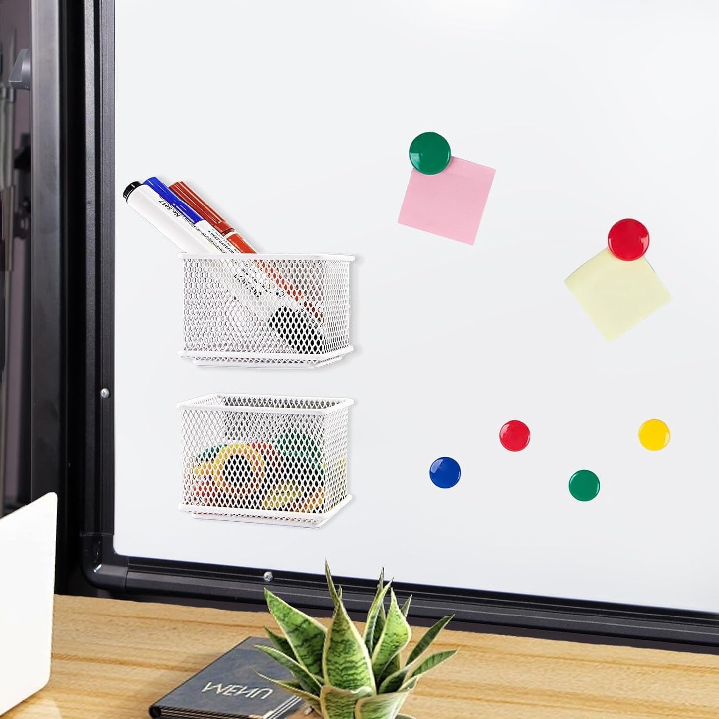 White Magnetic Basket, Magnetic Pencil Holder for whiteboard, Wire Mesh Magnetic Refrigerate Organizer, Magnetic shelf Desktop Storage, 3.42'' x 2.36'' x 2.55'',Set of 4