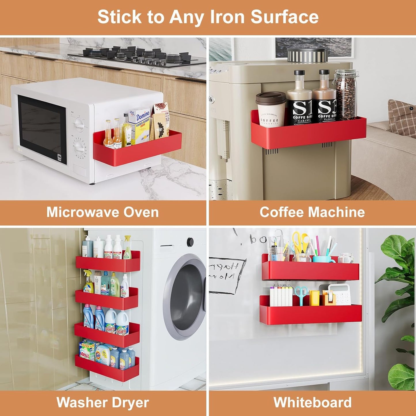 Magnetic Spice Rack for Refrigerator, Kitchen Organizer and Storage Shelf, Red (4 Pack)…