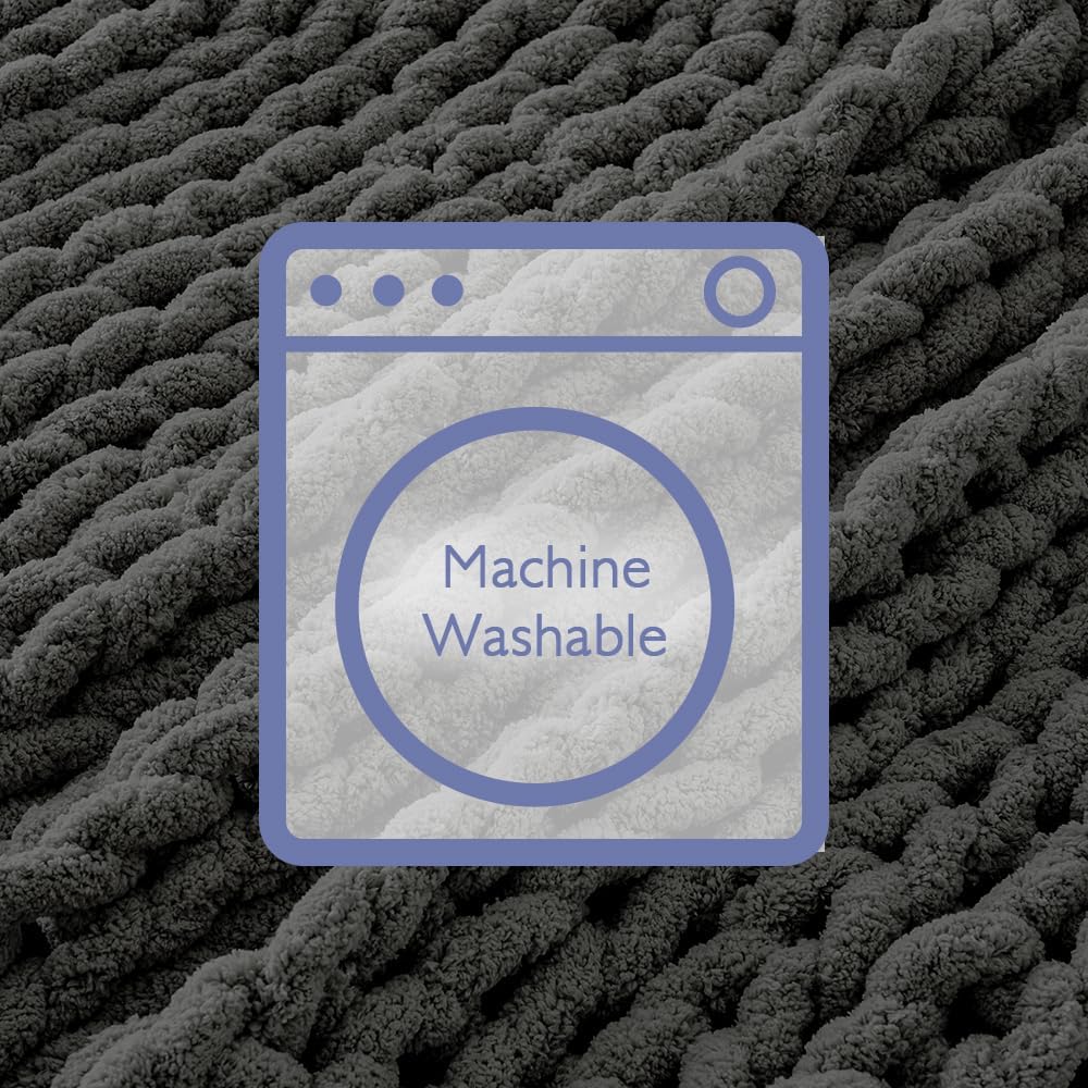 Bigacogo Chunky Knit Throw Blanket for Couch, 80x90 inches, 100% Hand Knitted with Thick Jumbo Chenille Yarn, Cozy Soft Large Rope Knot Cable Crochet Blankets for Sofa Bed Living Room, Dark Grey