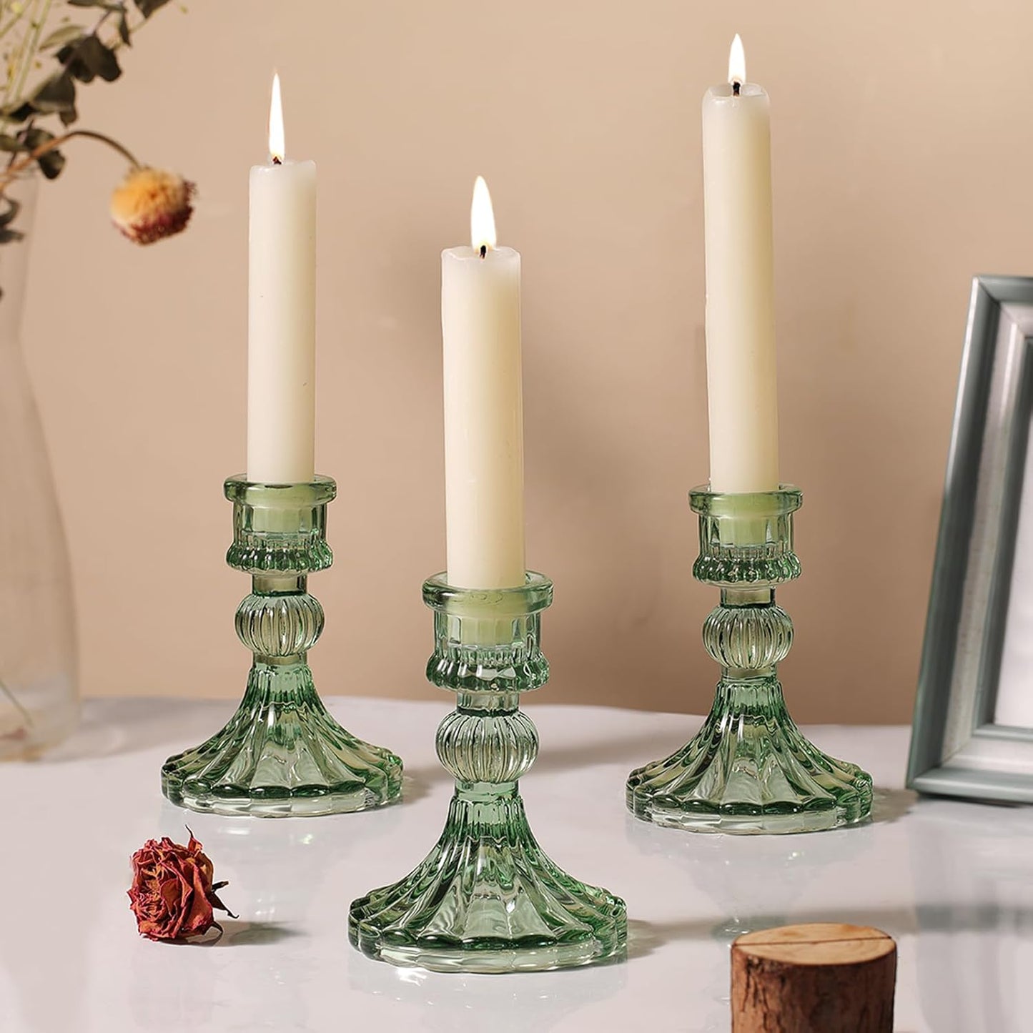 12PCS Green Candlestick Holders Set- 4" H Taper Candle Holders, Glass Candle Holders Bulk for Wedding, Party, Home Table Centerpieces, Festival Gifts & Windowsill Decor