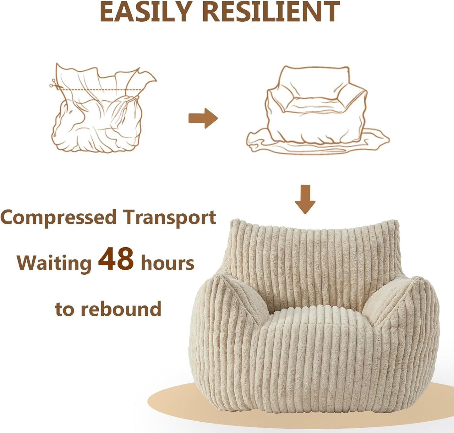 Giant Bean Bag Chairs for Adults Teens, Large Bean Bag Sofa Chairs with Filling Comfy Fuzzy BeanBag Chair with Armrests for Bedroom Living Room Reading