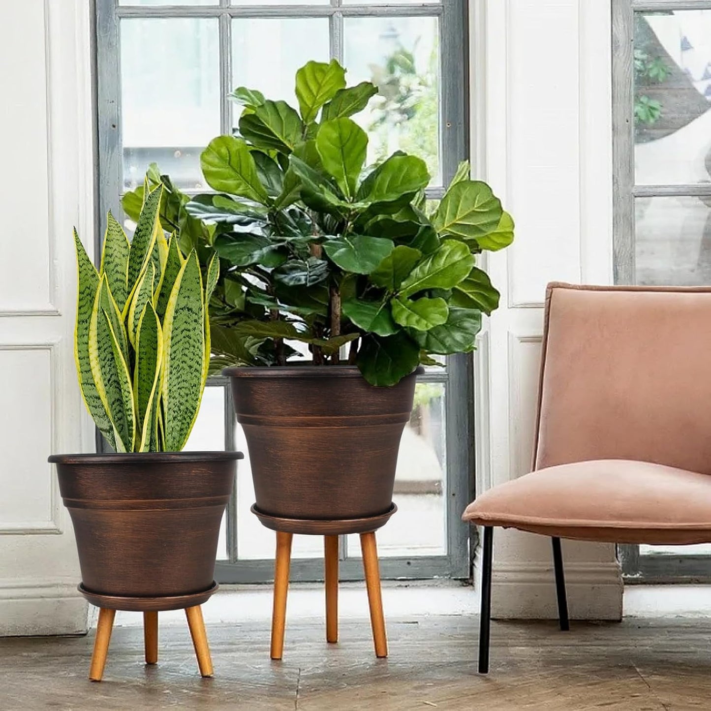 Plant Planters Pots Set of 4 Pack 8 Inch, Plastic Flower Pot for Indoor Plants with Drainage Holes & Trays, Resin Decorative Container Sets with Saucer for House Outdoor Garden Planters Copper