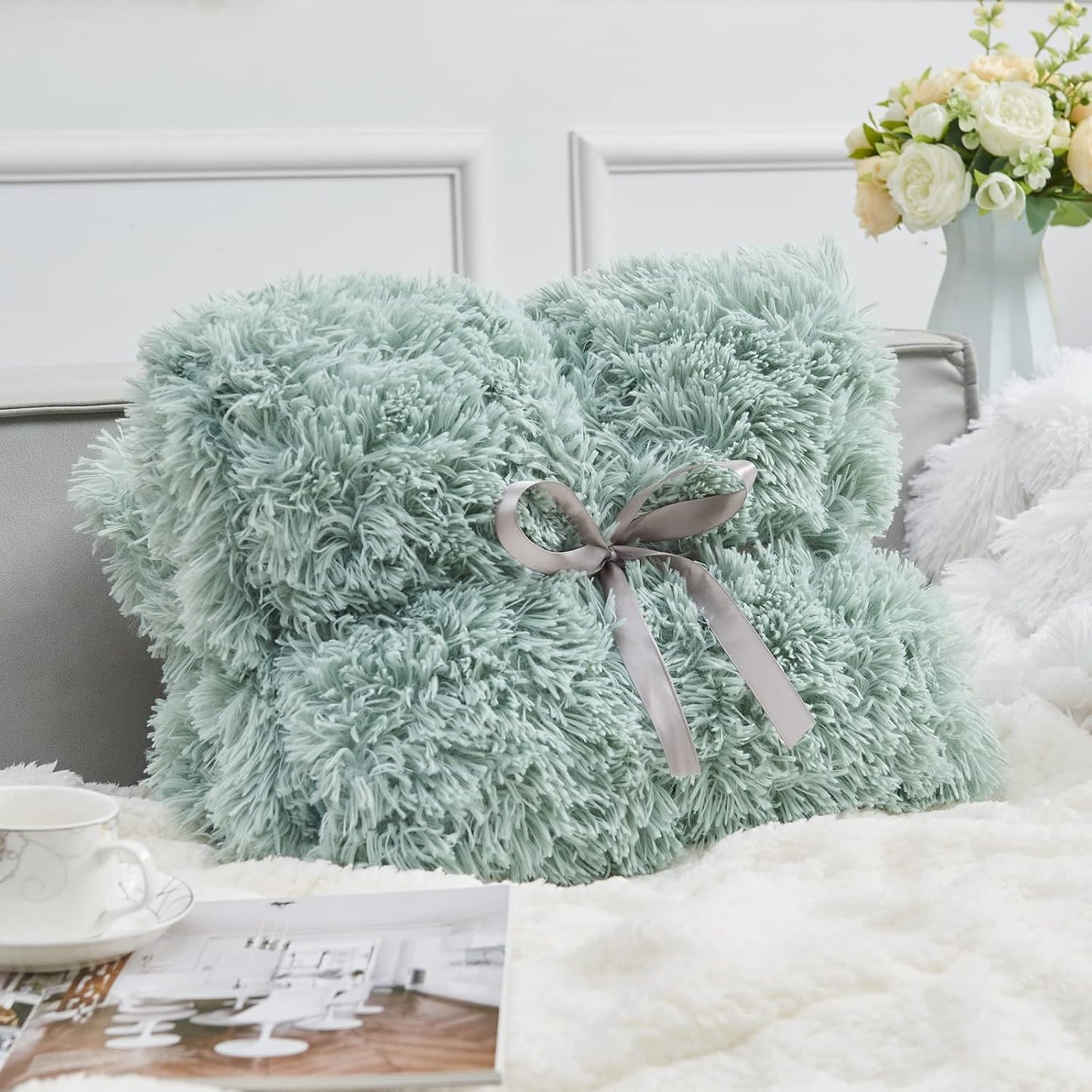 GONAAP Fuzzy Faux Fur Throw Blanket Ice Blue Super Soft Cozy Plush Fuzzy Shaggy Blanket for Couch Sofa Bed (Ice Blue, Throw(50"x60"))