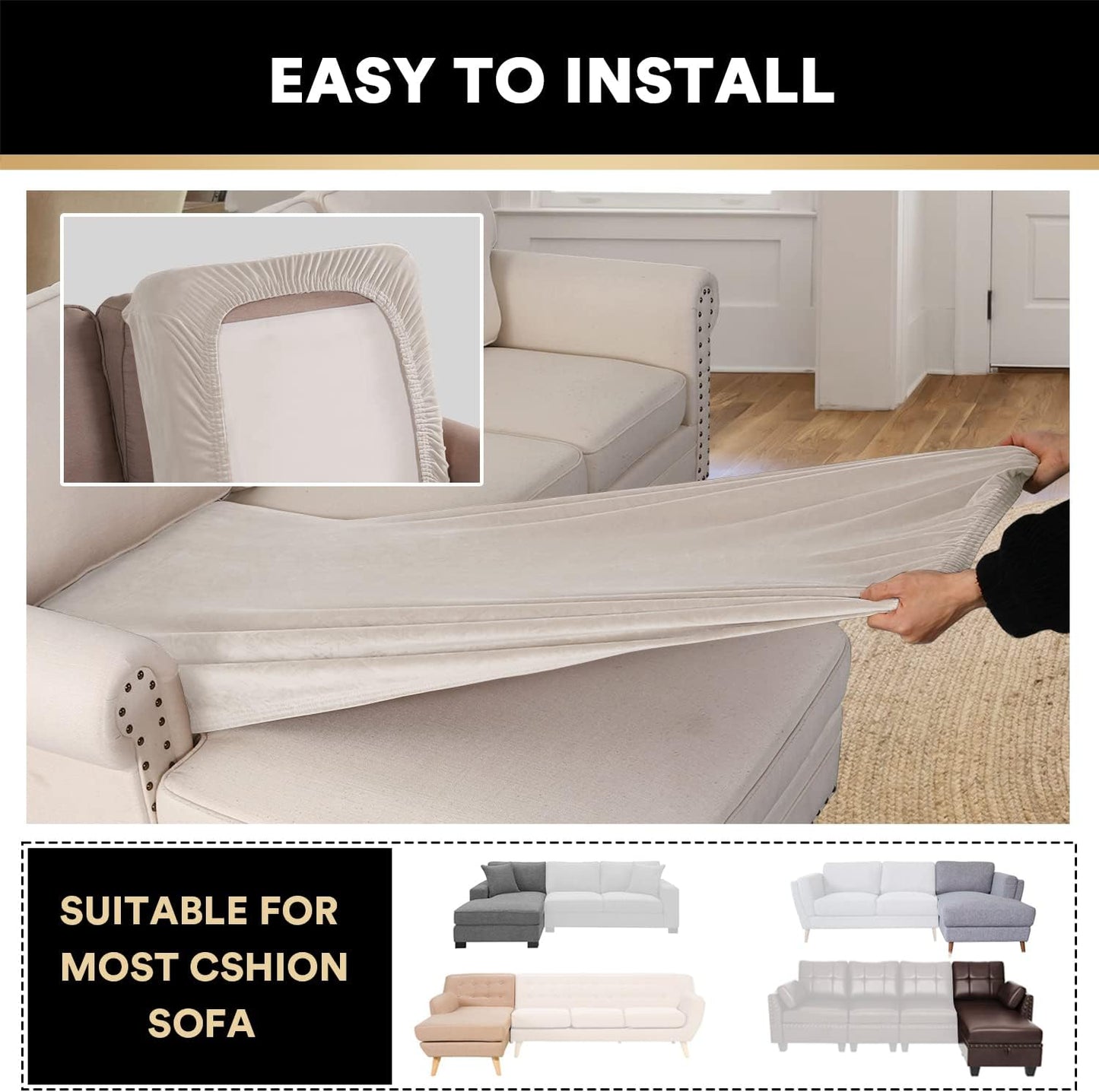 PrinceDeco Sectional Couch Covers Velvet Couch Cover for Dogs Washable L Shaped Couch Cover 1 Piece Individual Sectional Couch Covers with Elastic Bottom(Chaise Lounge,Ivory)