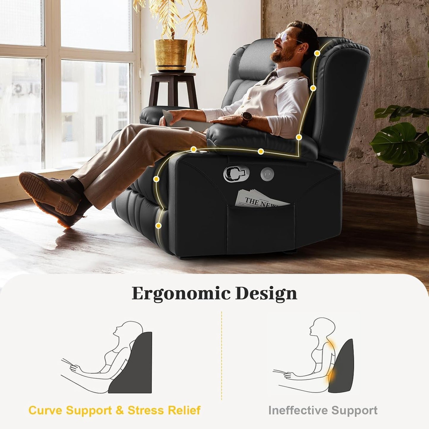 Loveseat Recliner Sofa Set with 2+1+1 Pieces, 2 Seater Minimalist Style Manual Pull Tab Reclining Loveseat with USB Charge Ports, Cup Holders, Recliner Couches for Living Room, RV, Black