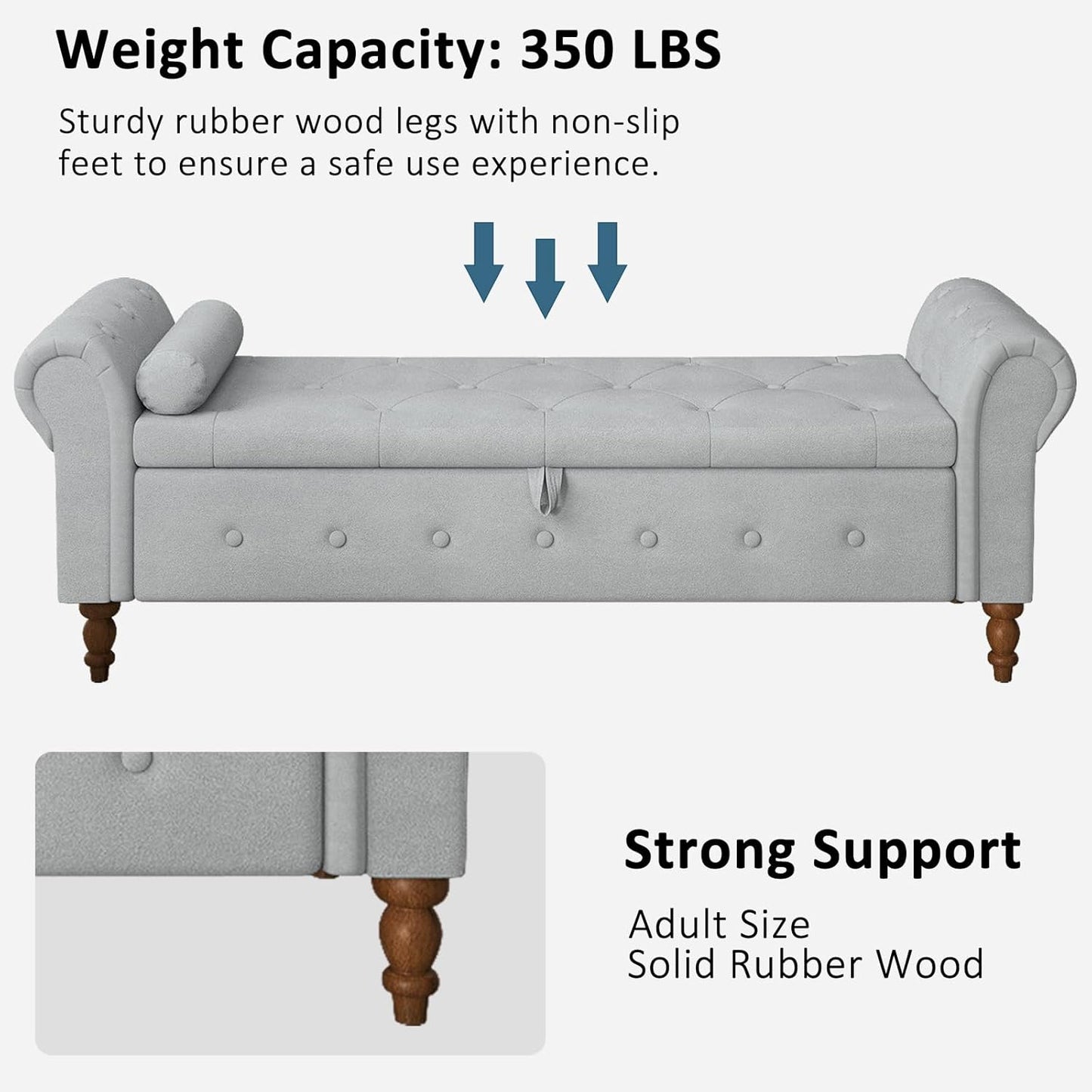 Storage Ottoman Bench for Bedroom, 63" End of Bed Bench with Rolled Arms Upholstered Ottoman Bench Fit for Bedroom, Living Room, Entryway, Velvet Light Gray