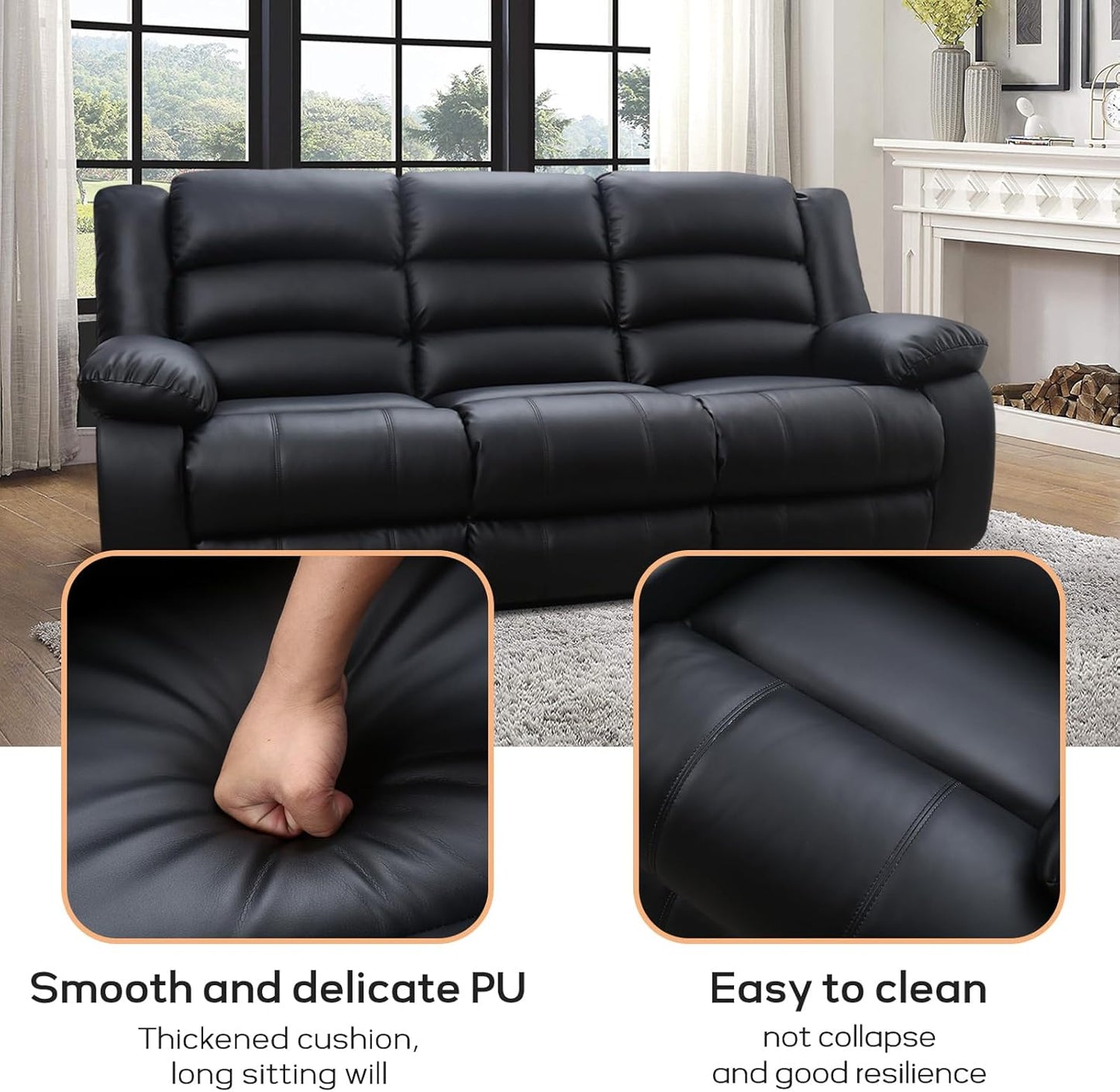 EBELLO Faux Leather Manual Reclining Sofa with 2 Concealed Cup Holders, Overstuffed Armrest 3 Seat Recliner Couch for Living Room, Bedroom, Meeting Room, Black