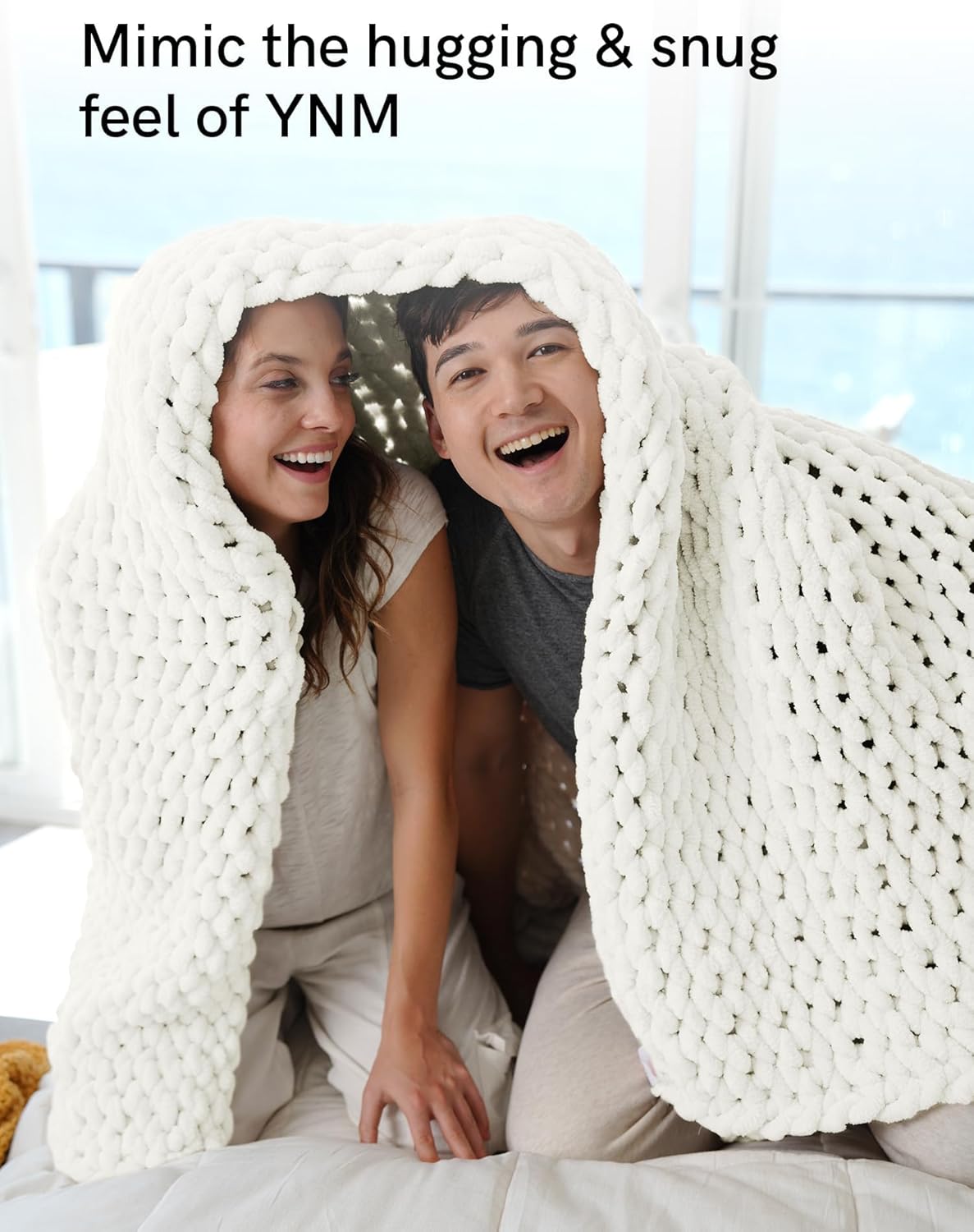 YnM Chunky Throw Blanket, Medium-Weight, Hand Knitted with Chenielle Yarn, Skin Friendly, Ventilated and Breathable, Machine Washable, Home Décor Piece for Couch, Sofa and Bed (White, 40x50 Inch)