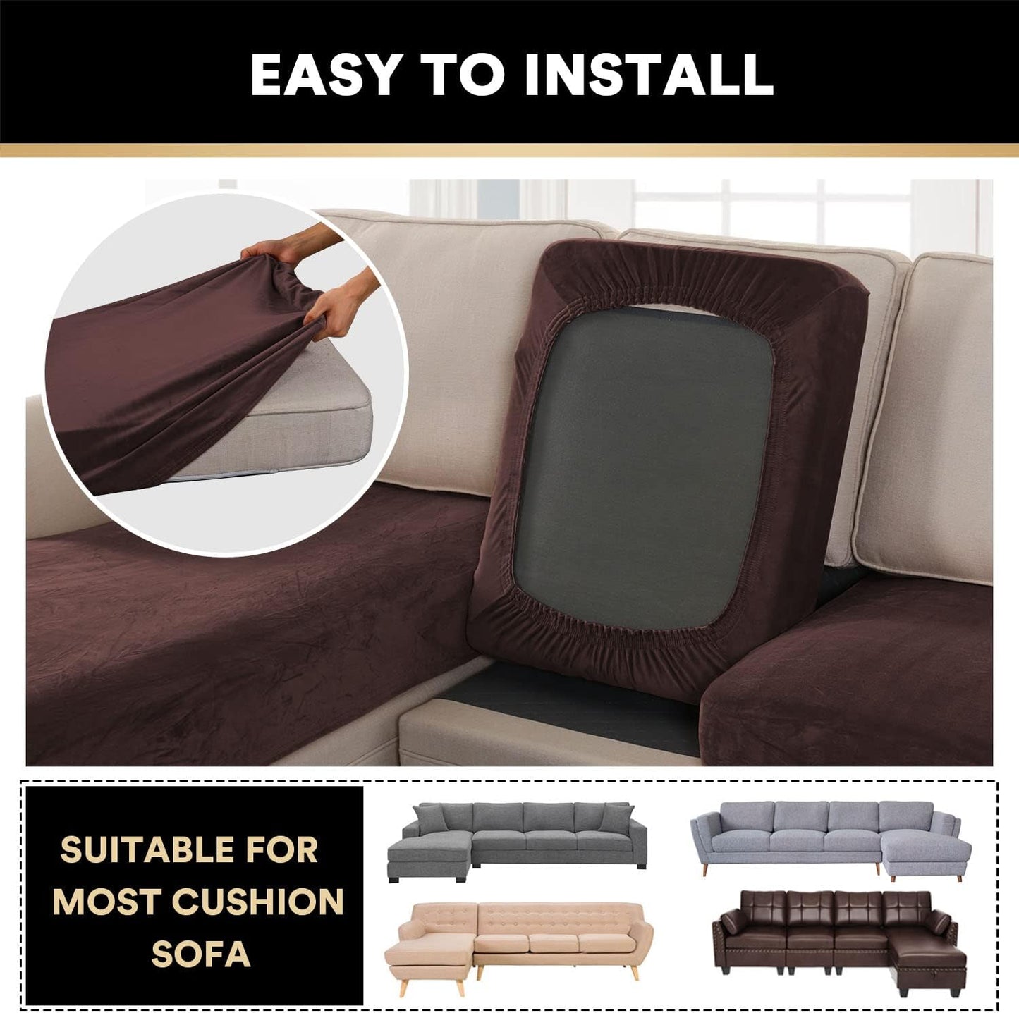PrinceDeco Sectional Couch Covers 4 Pieces Velvet Separate Couch Cushion Covers L Shape for Left/Right Chaise Sectional Couch with Elastic Bottom (3 Seater + 1 Chaise,Brown)