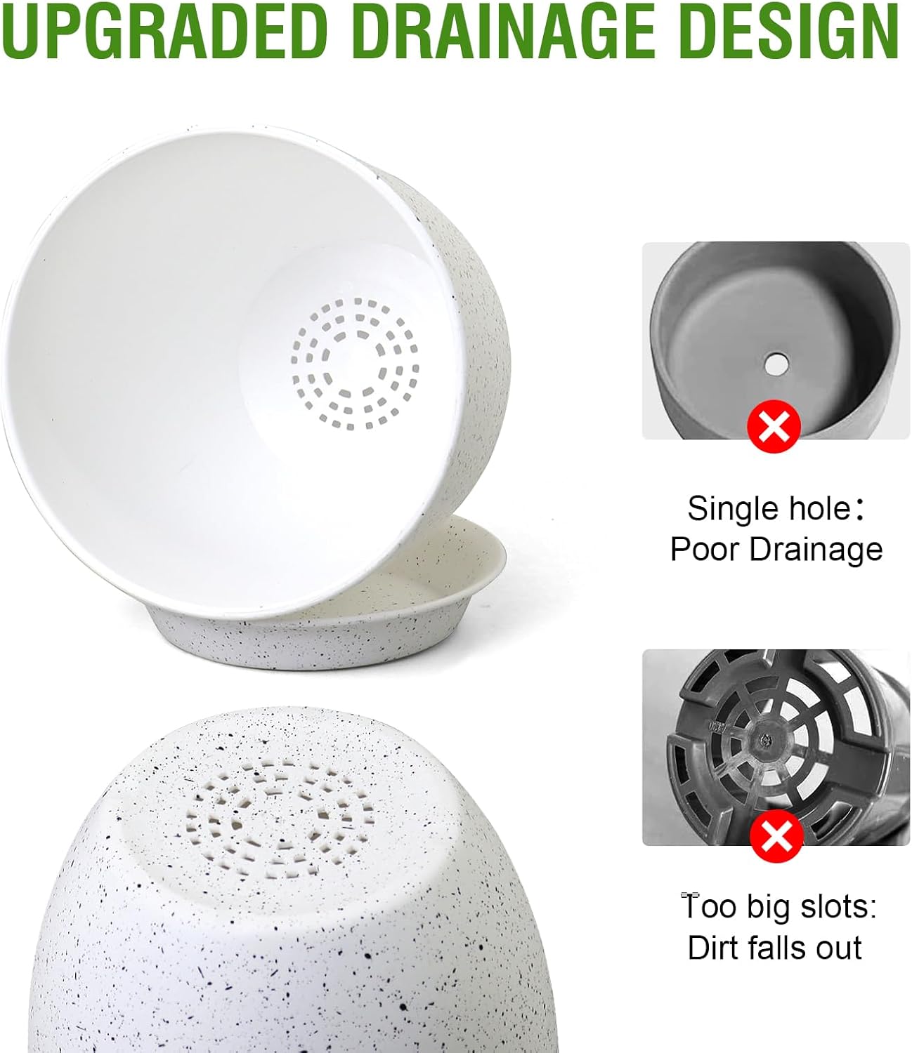 9/8/7.5 inch Flower Pots, Set of 3 Modern Decorative Plastic Planters with Drainage Holes and Saucers for Garden House Plants, Plant Pots for Indoor Outdoor Plants, Speckled White