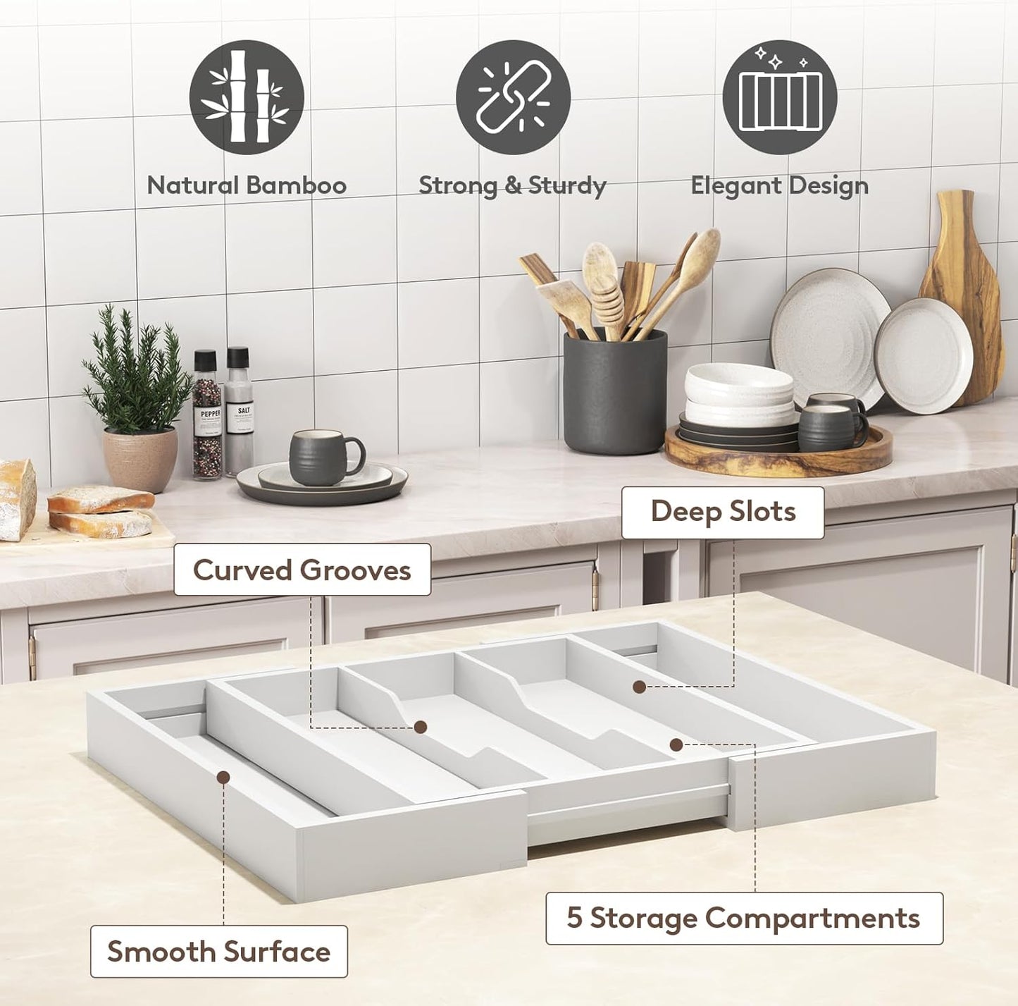 Lifewit Utensil Organizer for Kitchen Drawer, Expandable Cooking Utensil Tray, Bamboo Cutlery Silverware Flatware Holder, Adjustable Spatula Tools and Gadgets Storage Divider, Large, White