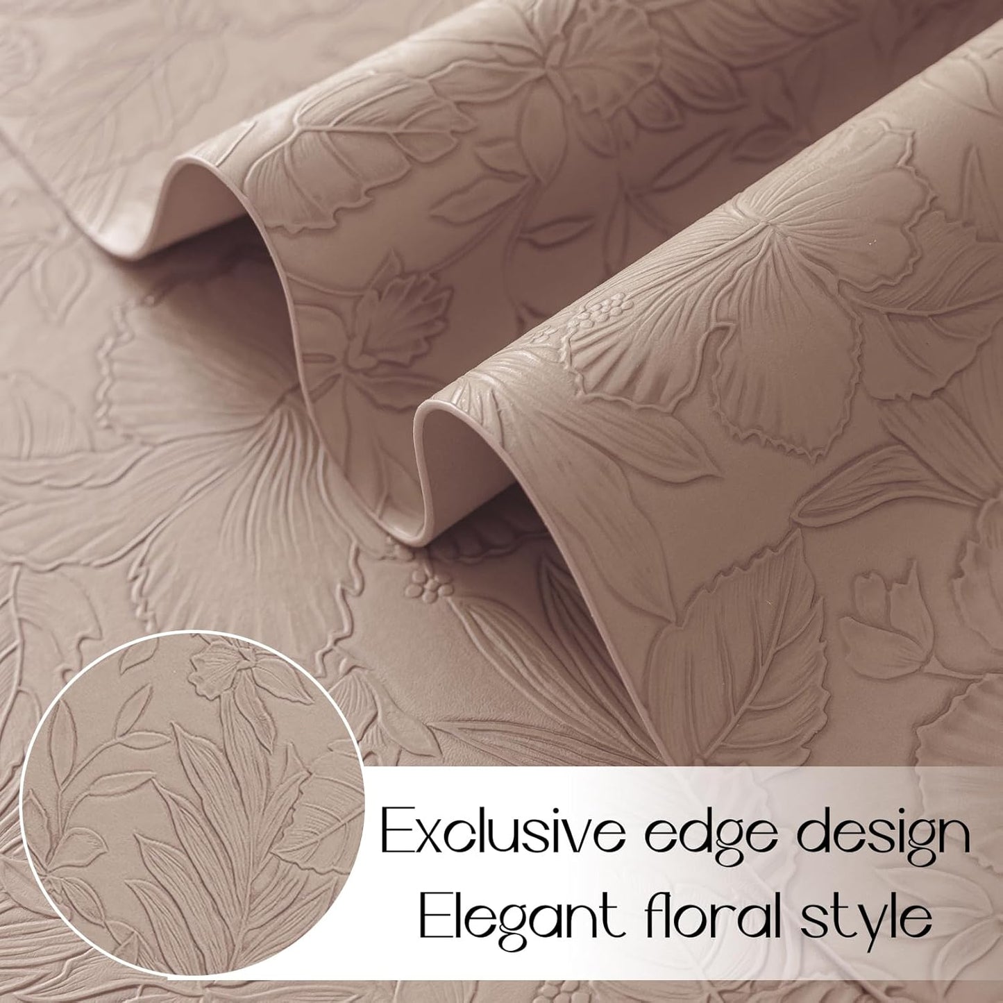 Romanstile Vinyl Placemats Set of 8-12 X 18 Inch - Heat Resistant Non-Slip Embossed Floral Place Mats 100% Waterproof Oilproof Wipeable Faux Leather Table Mats for Kitchen/Dining/Party, Khaki