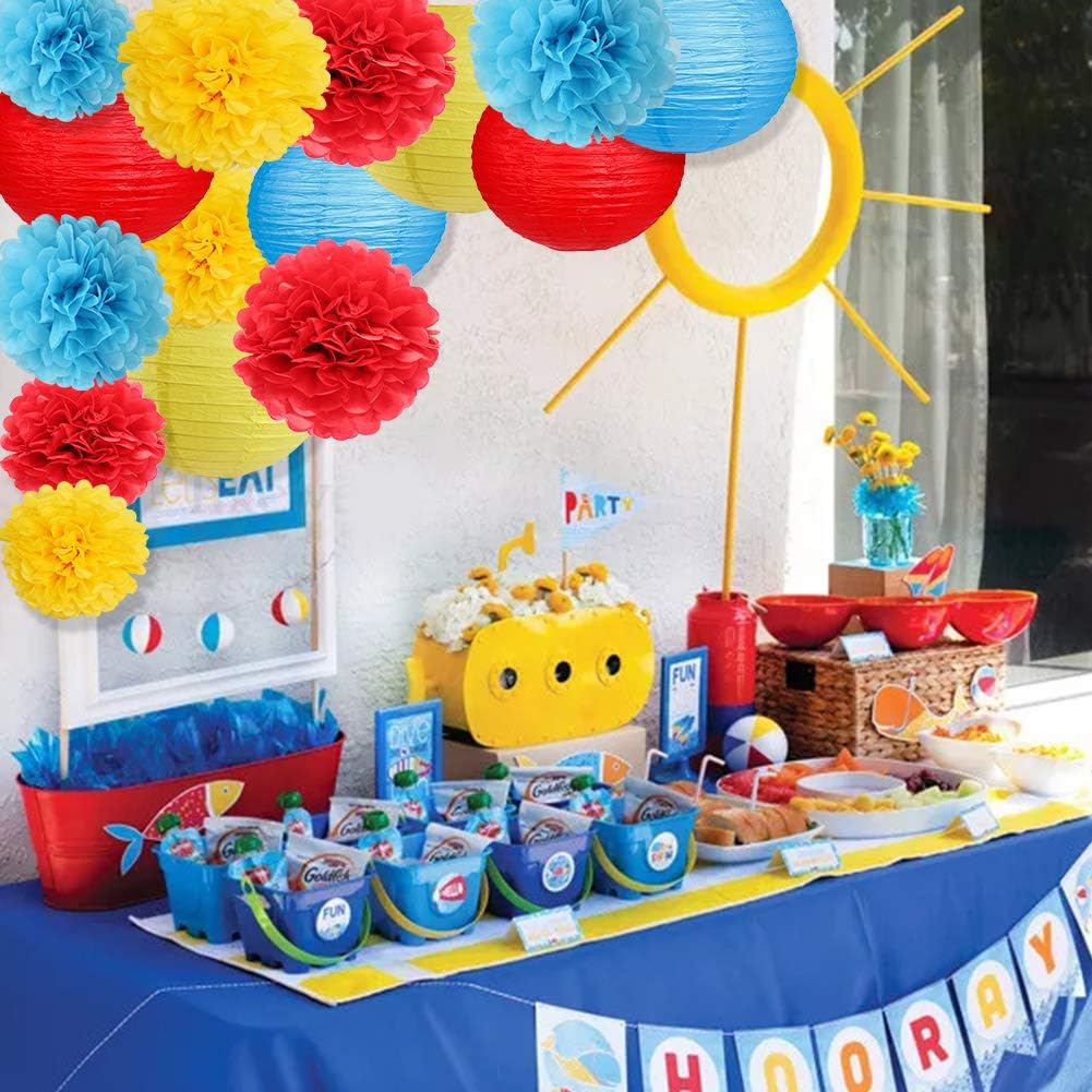 Carnival Circus Party Decorations, Red Yellow Blue Paper Lanterns and Pom Poms Flowers for Birthday Party Baby Showers Carnival Theme Rainbow Party Decor 15PCS