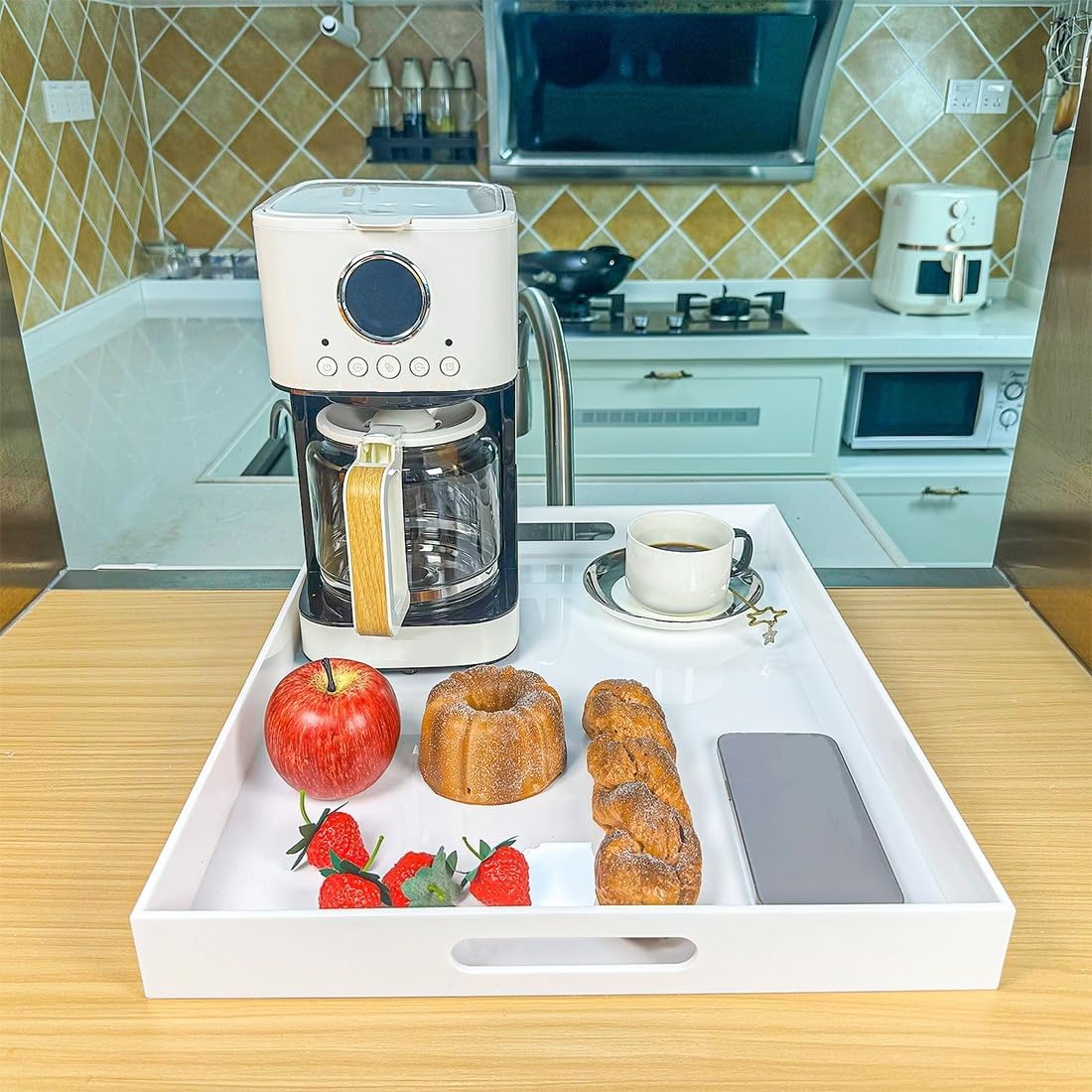 White Rectangular 16x20 Inches Acrylic Ottoman Tray Decorative Serving Tray with Cutout Handles Organizer Tray on Coffee Table Countertop Big Breakfast Bed Tray Living Room Appetizer Serving Food