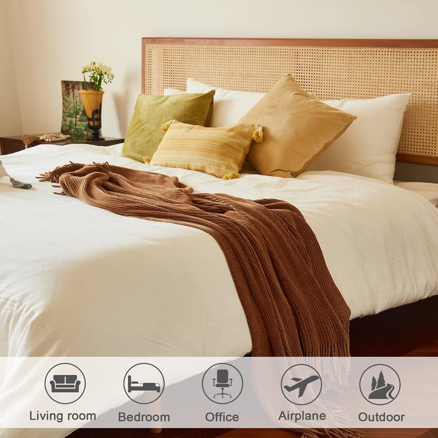 lifein Throw Blanket for Couch, Soft Boho Decor Bed Throw,Cozy Brown Knitted Chenille Small Farmhouse Lightweight Throw for Spring(Golden Brown,60 * 80")