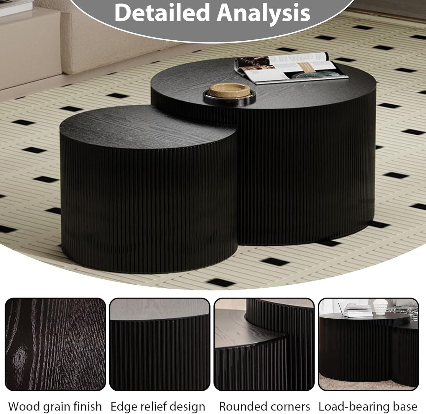 Round Nesting Coffee Table Set of 2 Handcraft Circle Fluted Nesting Coffee Tables Circular Side Table Drum Accent End Tables for Living Room Bedroom (Black Large)
