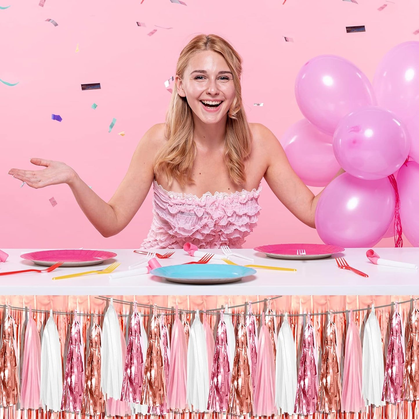 4P Pink White Peach Rose Gold Tassels Party Tassel Garland Banner, Tassels Banner Streamers for Parade Floats, Bachelorette, Wedding, Birthday, Christmas, Bridal/Baby Shower Party Decorations