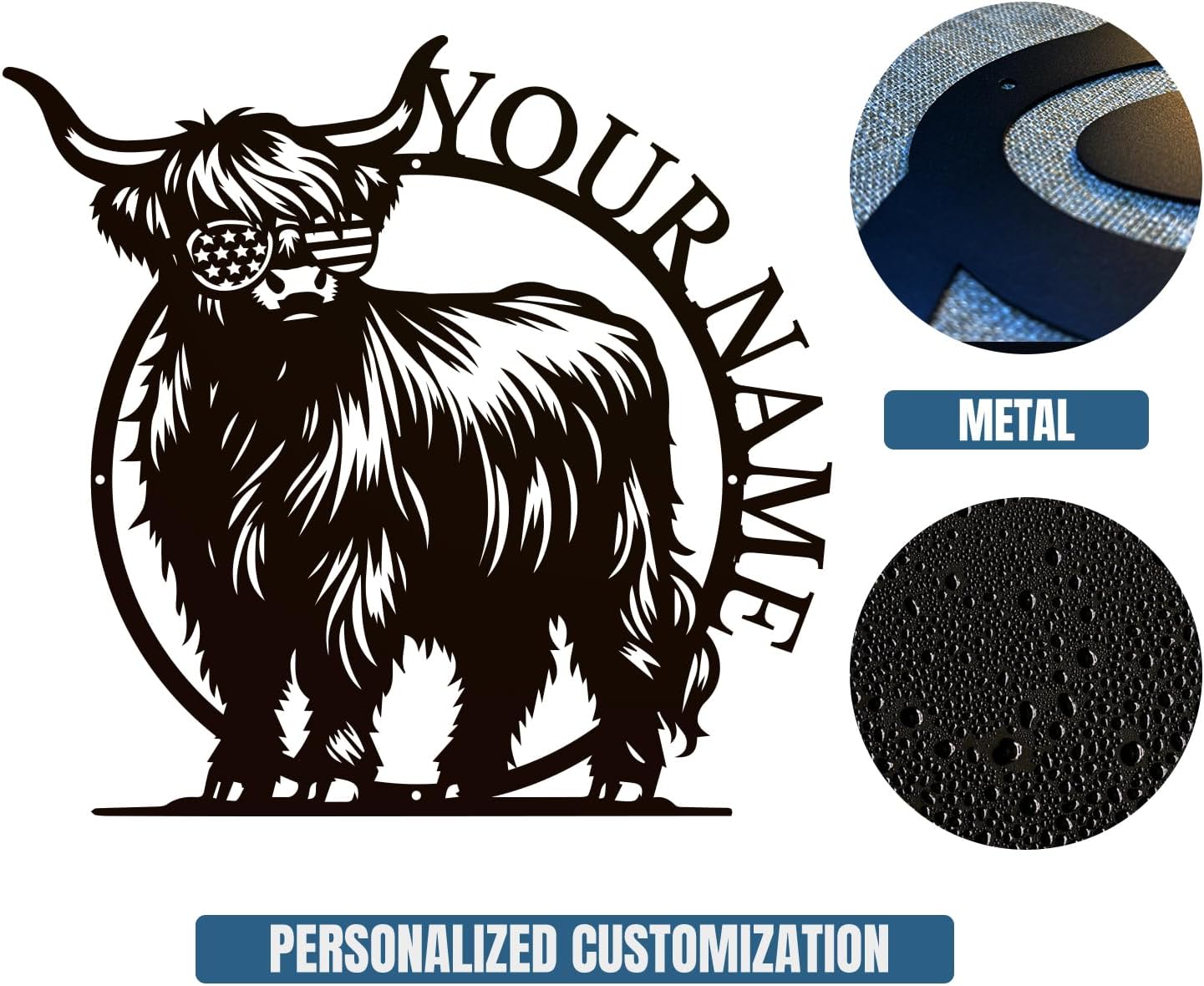 Personalized Highland Cow Name metal Signs,Custom Highland Cow Metal Shed Wall Decor,Black Metal Wall Art Plaques Outdoor wall Decorative Signage (Style G)