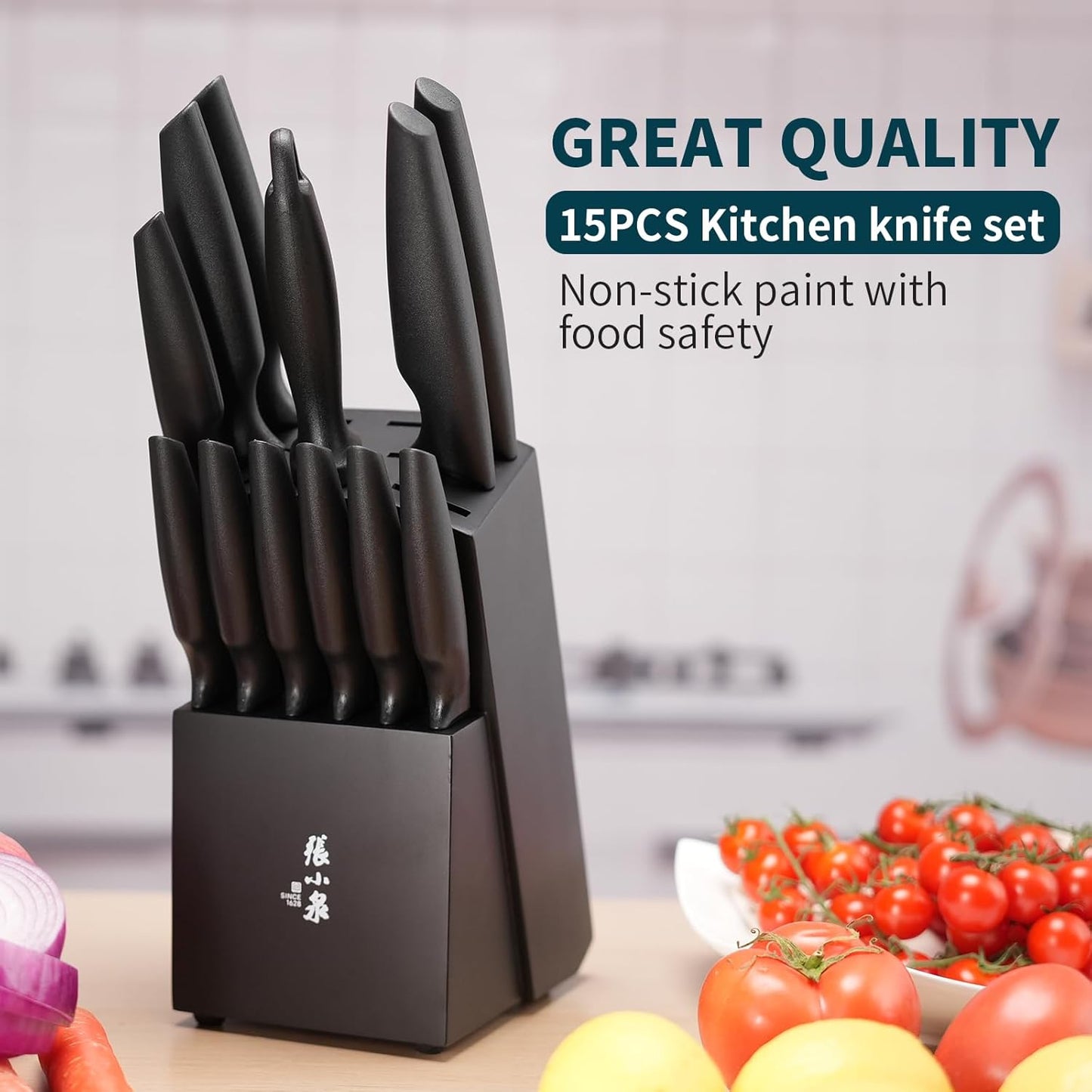 Zhang Xiao Quan Since 1628 15-Piece Kitchen Knife Block Set with Sharpening Steel Knive Set Ergonomic Handle Dishwasher Safe(Black)
