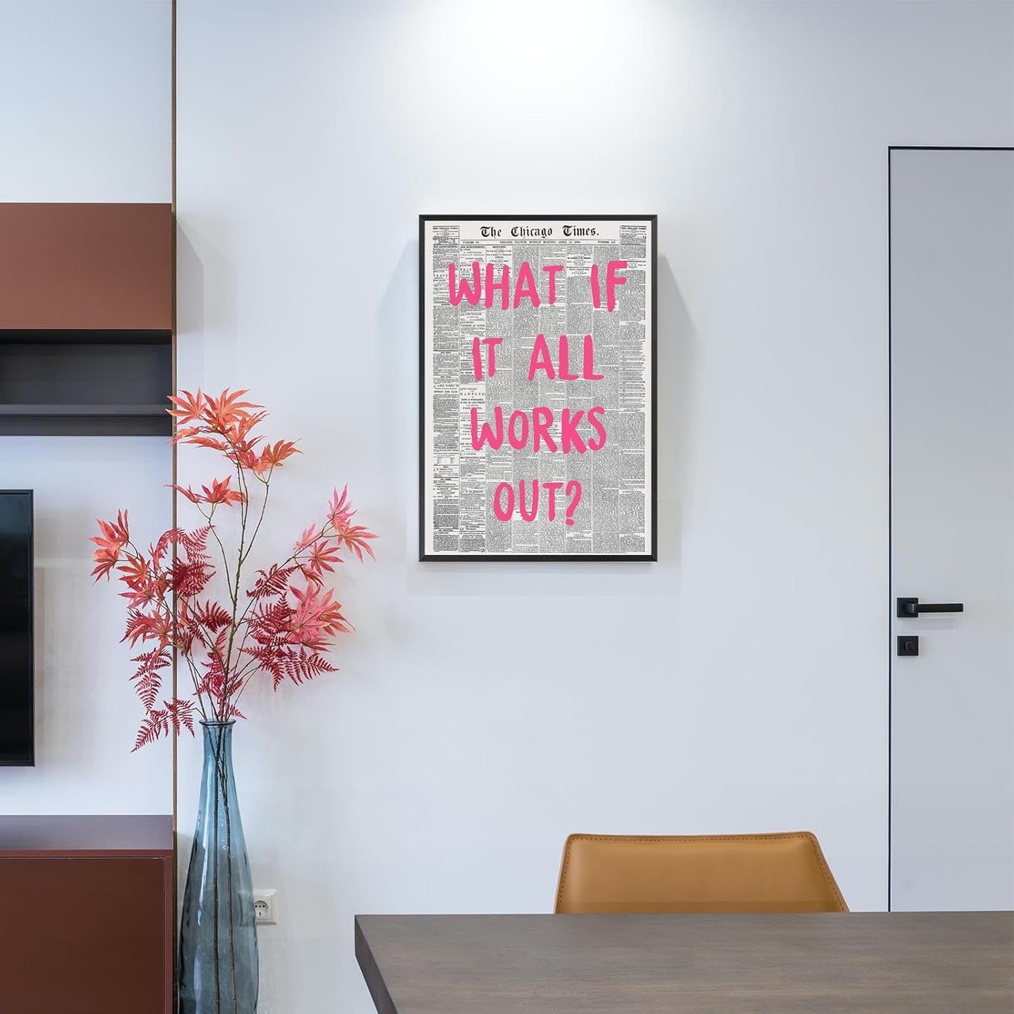 Liyark Retro Trendy Newspaper Canvas Wall Art 'What If All Works Out' Poster - Positive Affirmation Quote - Pink Font - Minimalist Home Decor - Framed 12x16in
