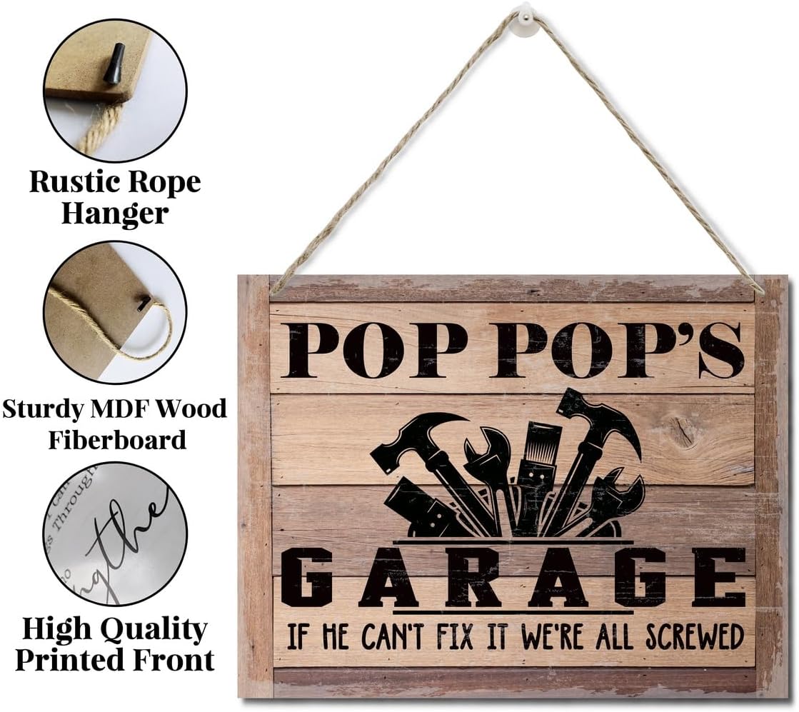 Rustic Sign, Father's Day Gift, Dad's Gift, Grandpa's Gift, Decor Hanging Wood Signs, Printed Wood Wall Art Sign, Pop Pop's Garage, If He Can't Fix It We're All Screwed, Vintage Sign Gift for Grandpa