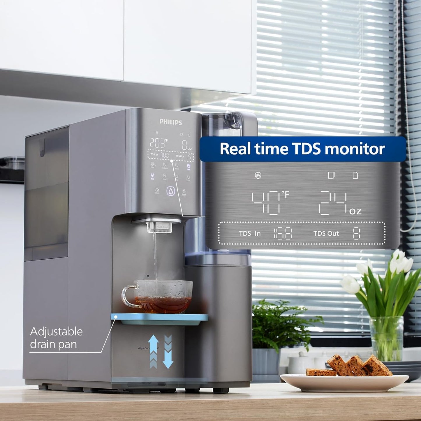 Reverse Osmosis Water Filter Countertop, Philips 40ยฐF Cold Water Countertop RO System 6 Stage Filtration with UV Light, Instant Boiling Water 6 Temperature Settings NSF/ANSI 372 Certified, TDS Monitor