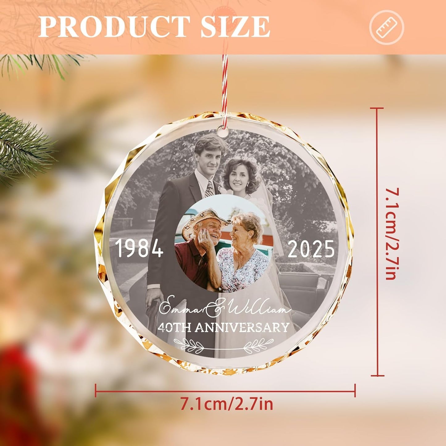 Bemaystar Personalized Wedding Anniversary Ornament with 2 Photos - Then and Now Photos, Personalized Anniversary Ornament with Date Text, Custom Ornaments, Xmas Gifts for Couples Parents Grandparents