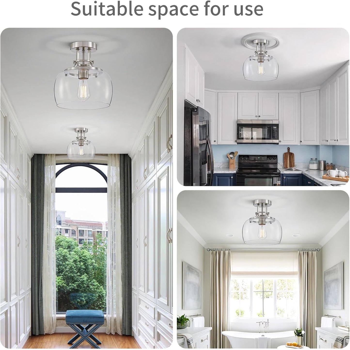 WUZUPS Chandelier Rustic Farmhouse Industrial Round Semi-flushmount Ceiling LED Light Fixture with Clear Glass Shades for Bathroom Kitchen Foyer Entryway, H 10" x W 10", E26 Base, Brushed Nickel