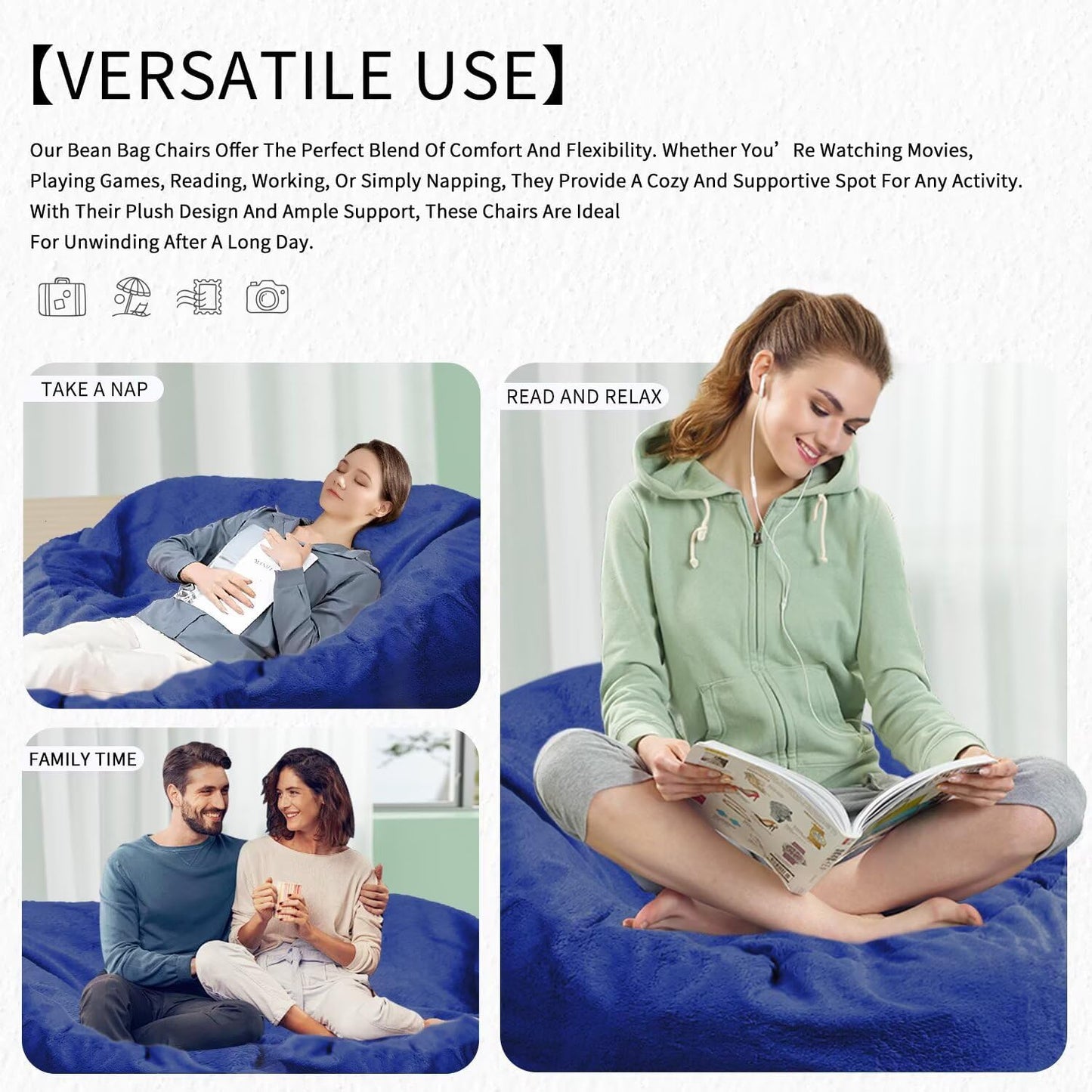 Bean Bag Chair for Adults 4FT,Soft Removable Cover for Teens/Girls Bedroom,Fluffy Giant Round Floor Beanbag Lounger Chairs (No Filler,Sapphire)