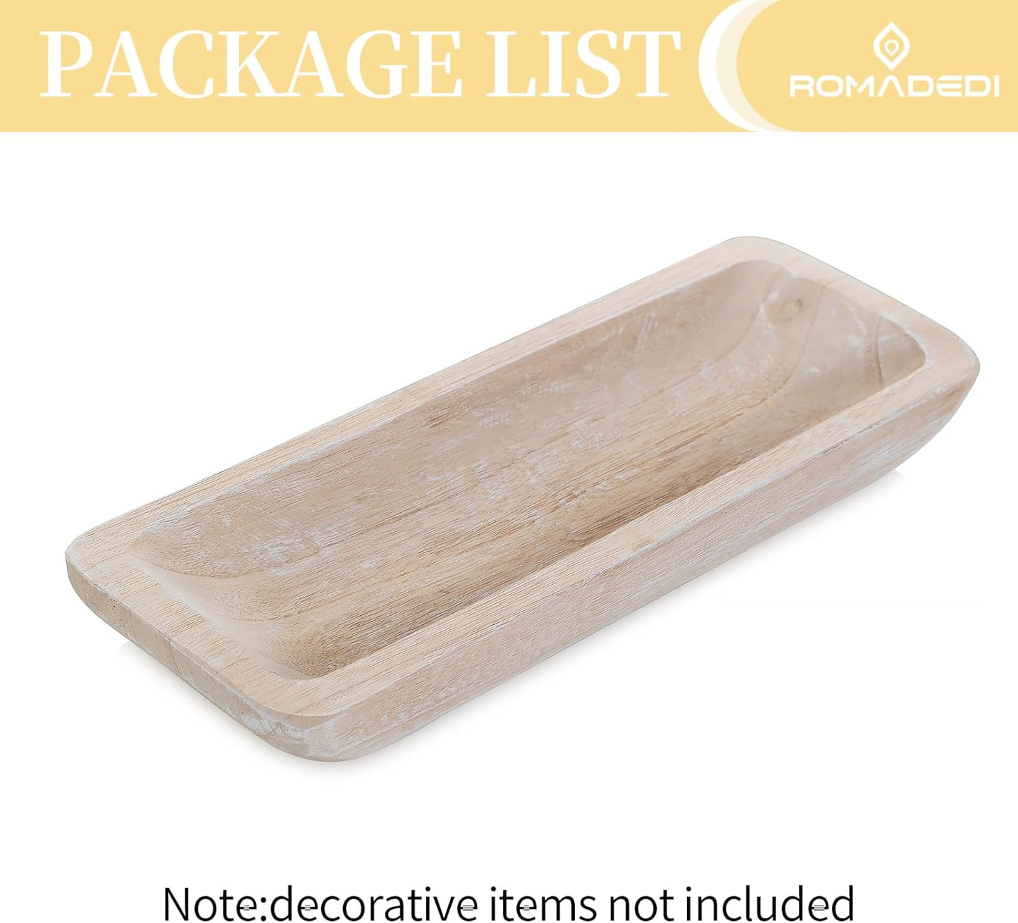 Romadedi Decorative Bowls for Home Decor - 16" Wooden Dough Bowl for Decor, Large Wood Bowl for Kitchen Table Centerpieces Long Narrow Wooden Tray for Dining Table Whitewashed