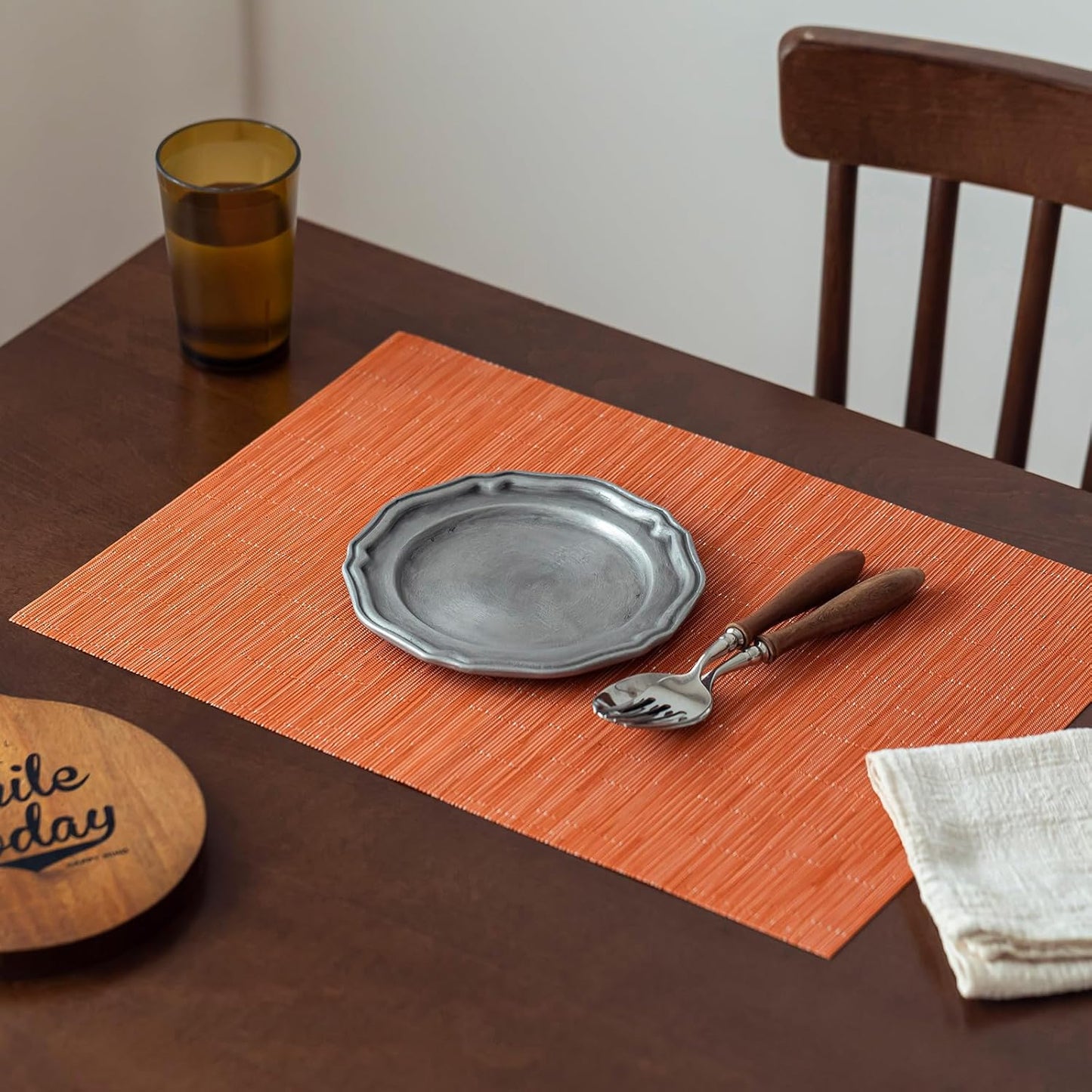 LEXMORE Placemats Set of 12 Vinyl/Plastic Woven Place Mats for Kitchen Table Indoor/Outdoor Washable Placemat Wipeable Dining Table Mats(Orange)