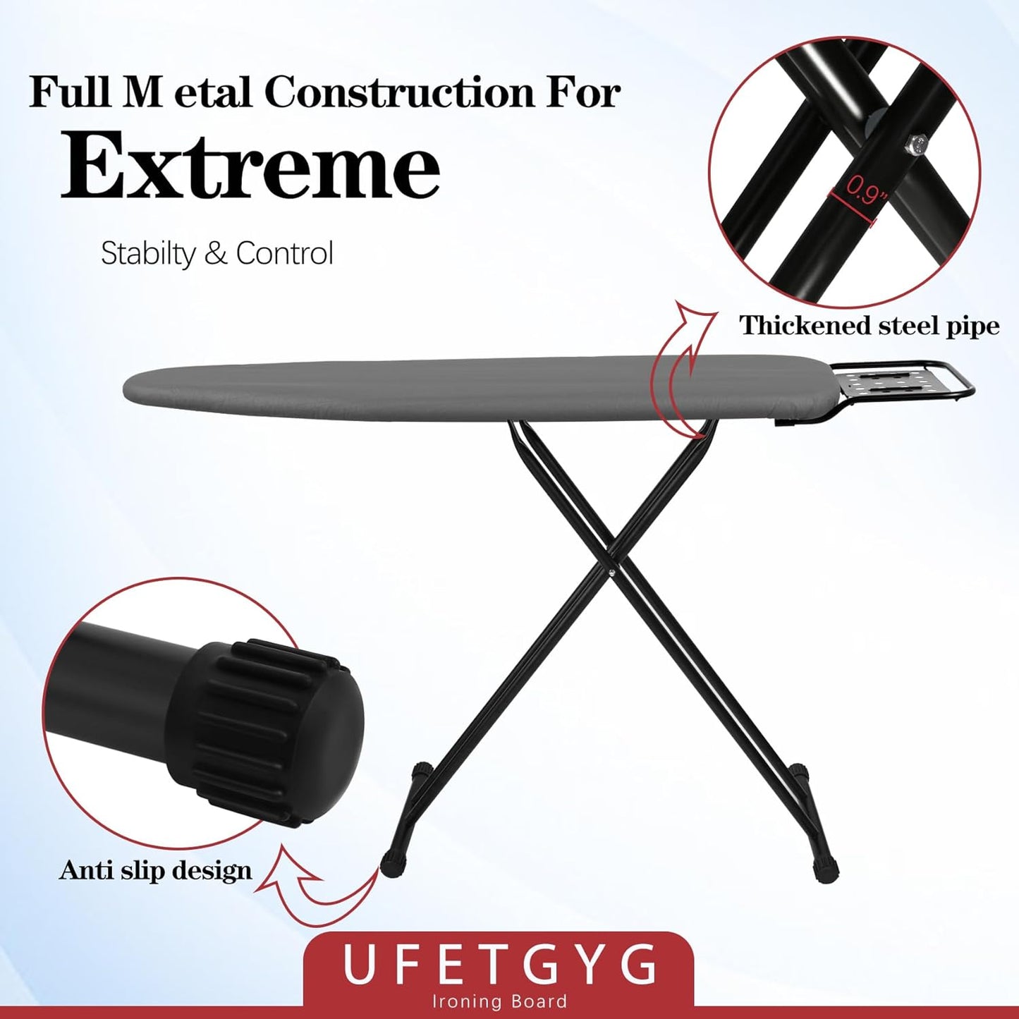 Ironing Board,13" X 43" W/with Iron Rest | Full Metal Construction| Height Adjustable | Heat & Scorch Resistant Fabric | Heavy Duty| Easy to Fold | Anti-Skid Feet |Grey