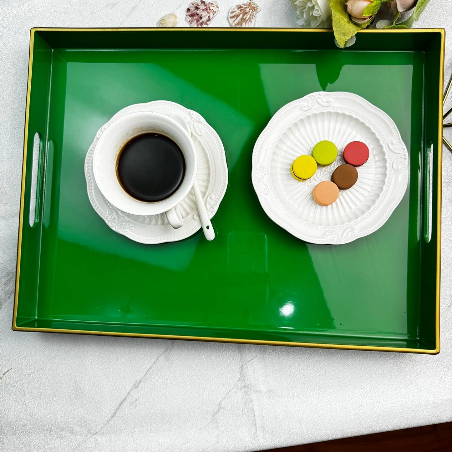 Large Decorative Tray, Emerald Green Serving Tray with Handles, Plastic Coffee Table Tray for Ottoman, Living Room, Bathroom, Decor. 15.7” x 11.8” x1.6”