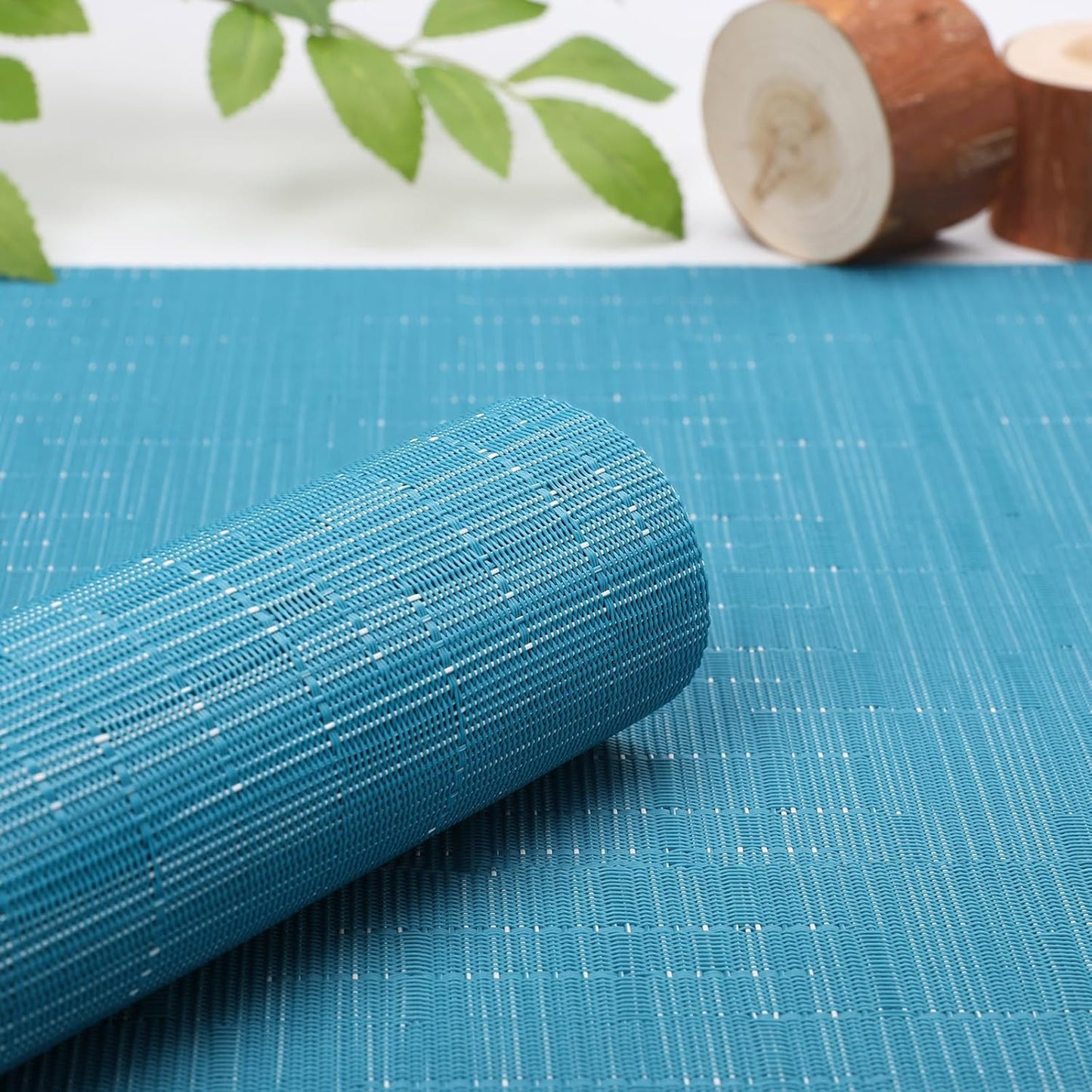 Myir JUN Placemats Set of 6, Vinyl Woven Placemats Place Mats Indoor Washable Table Mats Non-Slip Place mats for Dining Table (Blue, Set of 6)