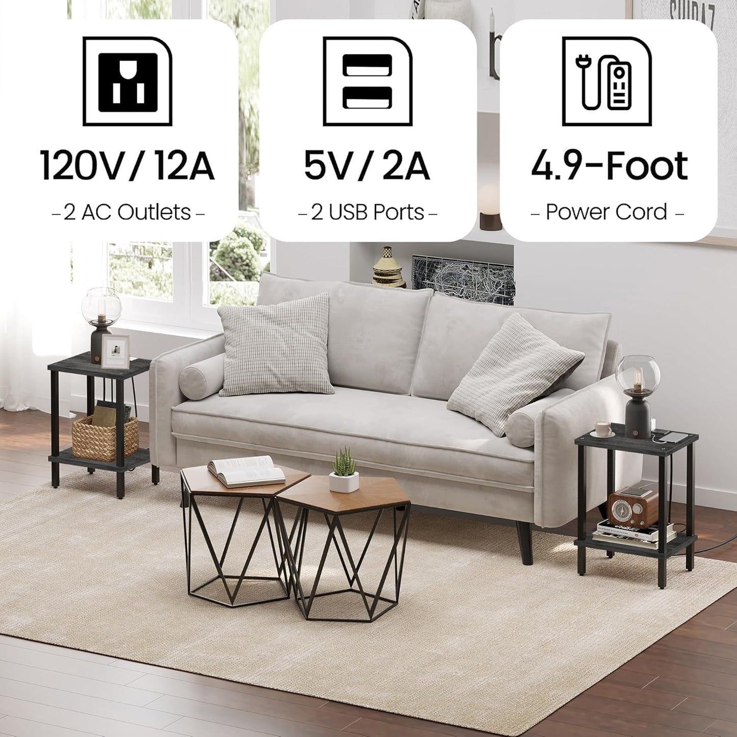 TUTOTAK End Table with Charging Station, Small Side Table with Outlets, Nightstand Bedside Table, 2-Tier Storage Shelf for Small Space, Living Room, Bedroom, Charcoal Grey TB01BY040