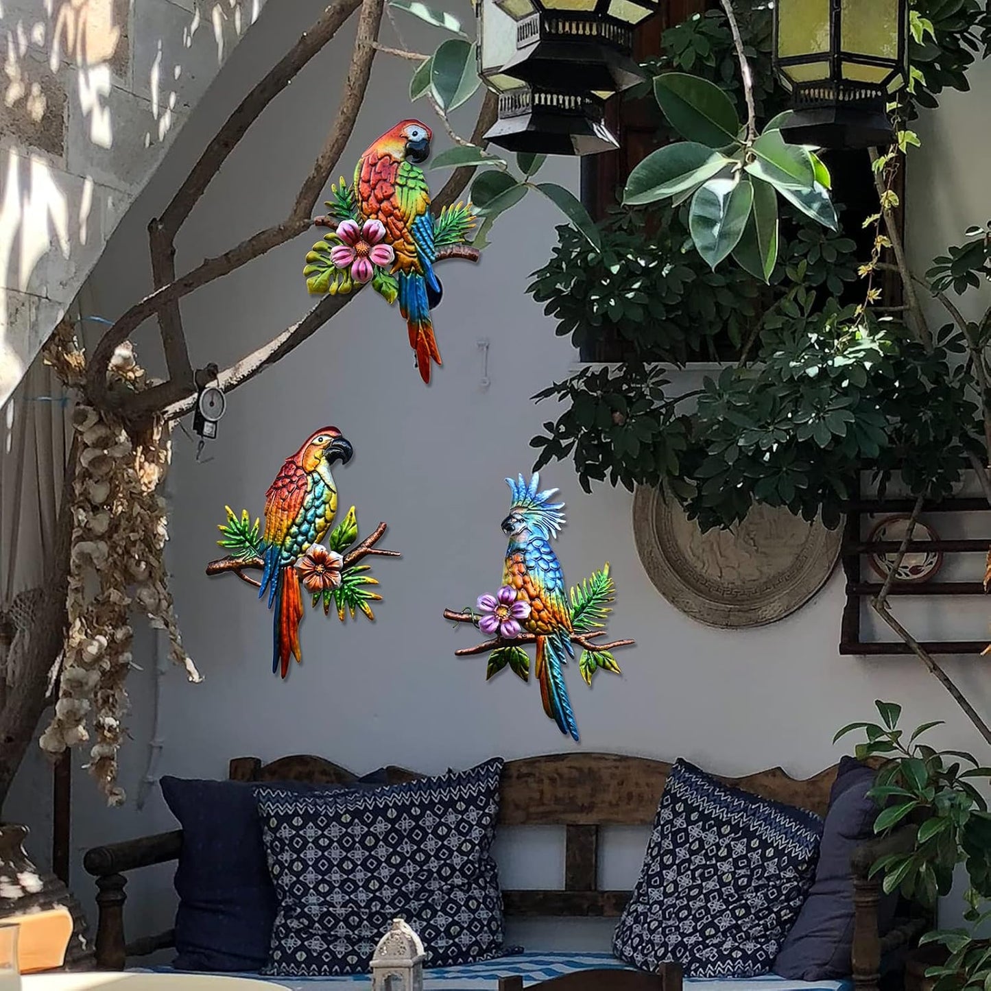 J-Fly Parrot Tropical Wall Art Decor - 3 Hanging Sculptures, Metal, 12" x 8.5", Indoor Kitchen Living Room Wall Mount, Unframed, Glossy, Tropical Style, 3.0 Count