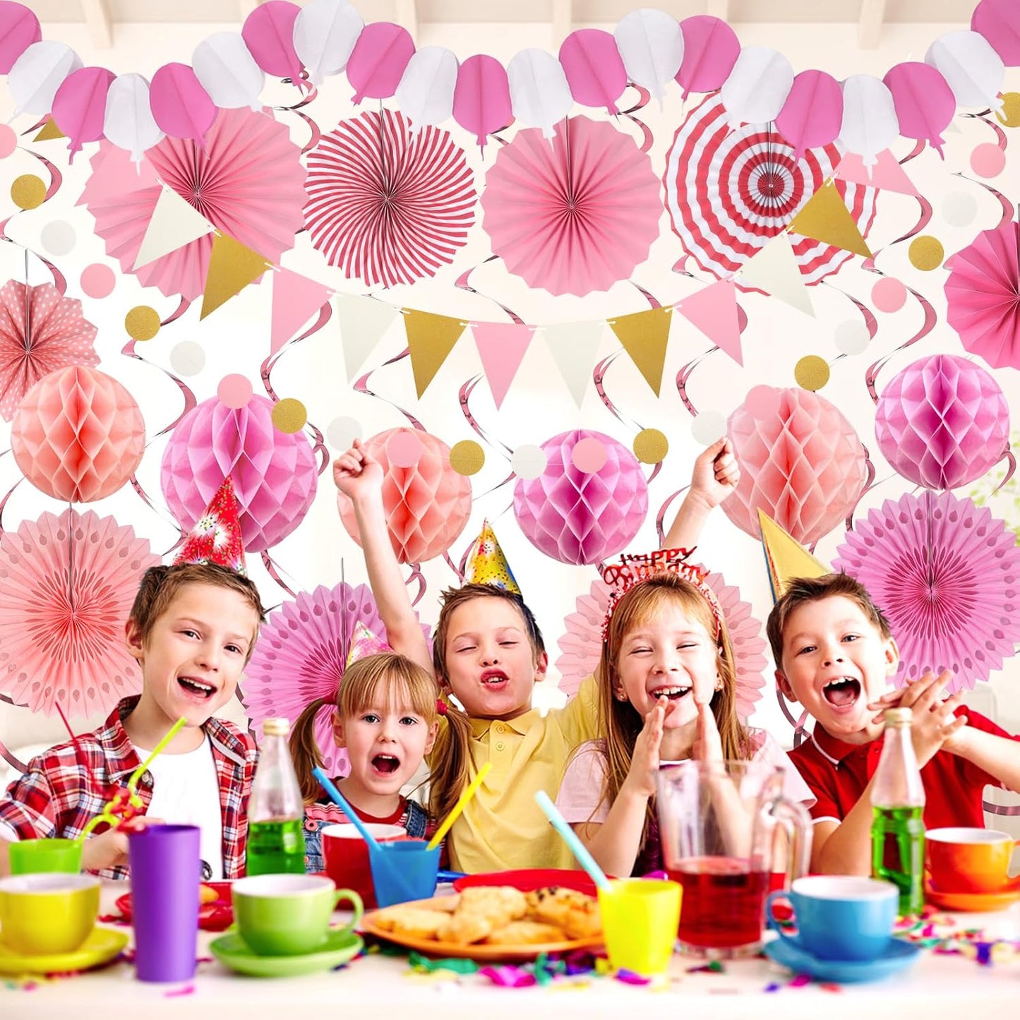 Pink Party Decorations, Easy Assembly Paper Fan Honeycomb Ball Garland Hanging Swirl Rose Red Party Supplies for Girl Women Birthday Bridal Shower Baby Shower Party Decorations