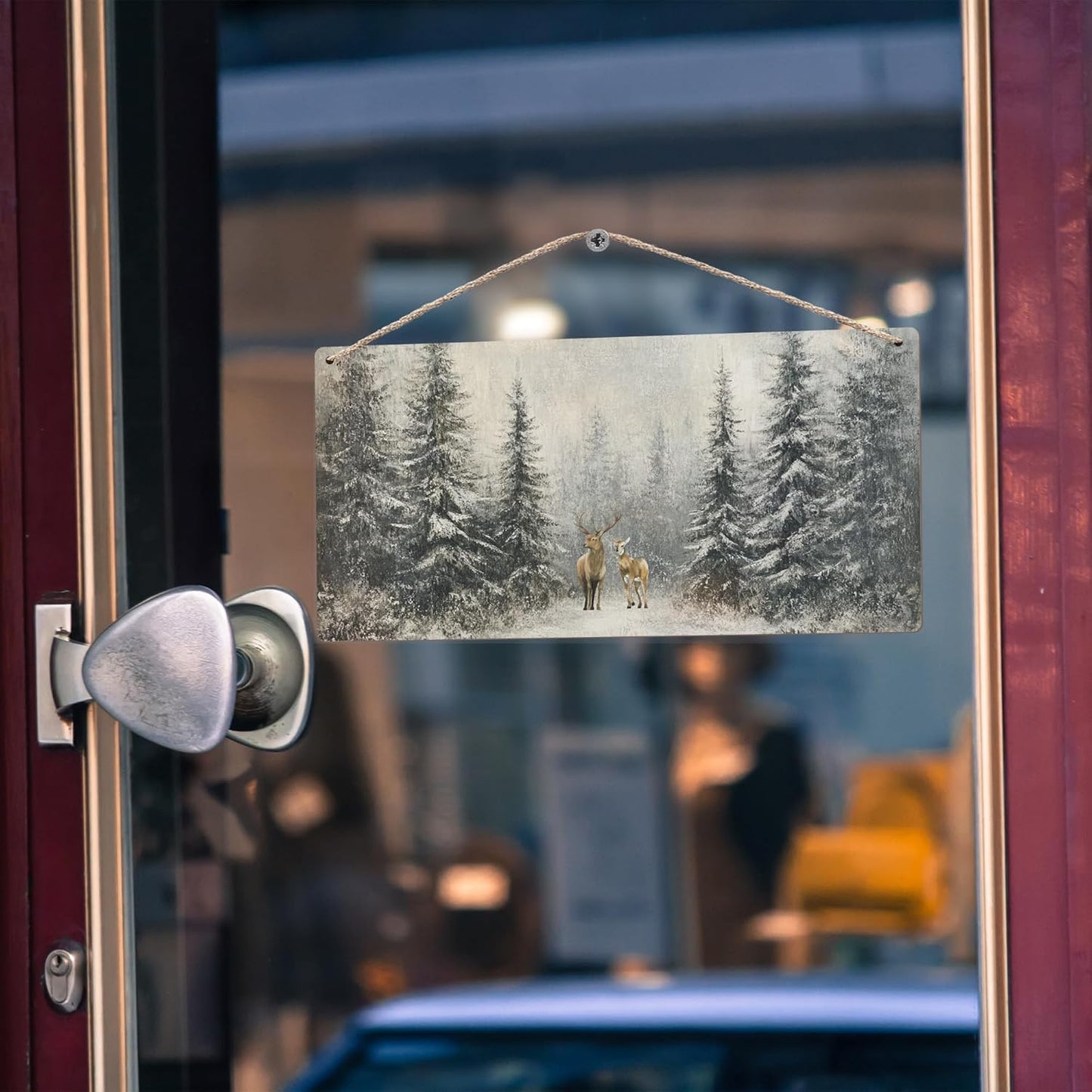 Winter Pine Tree Deer Wooden Sign, 12x6 inches, Rustic Wall Decor for Home, Office or Gifting