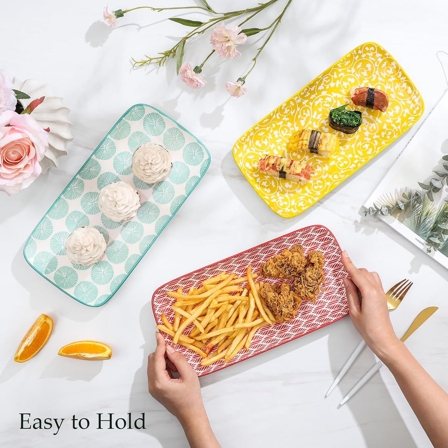 Selamica Ceramic Rectangular Serving Platters Set of 4, 12 Inch Serving Trays/Dishes for Party Entertaining, Rectangular Dinner Plates for Appetizer Salad Dessert Sushi, Assorted Colors